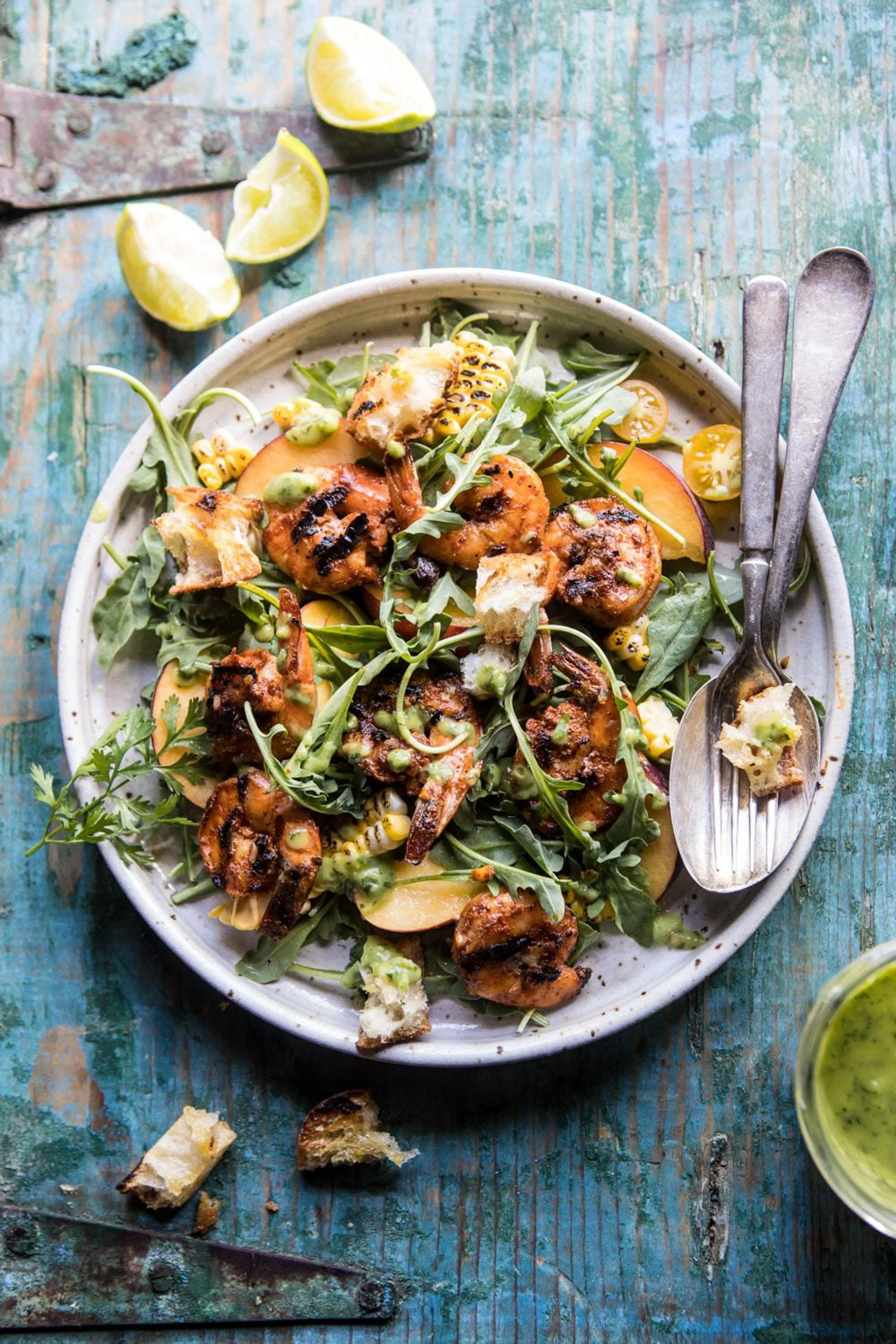 Zesty Grilled Shrimp, Bread and Sweet Peach Salad with Avoca