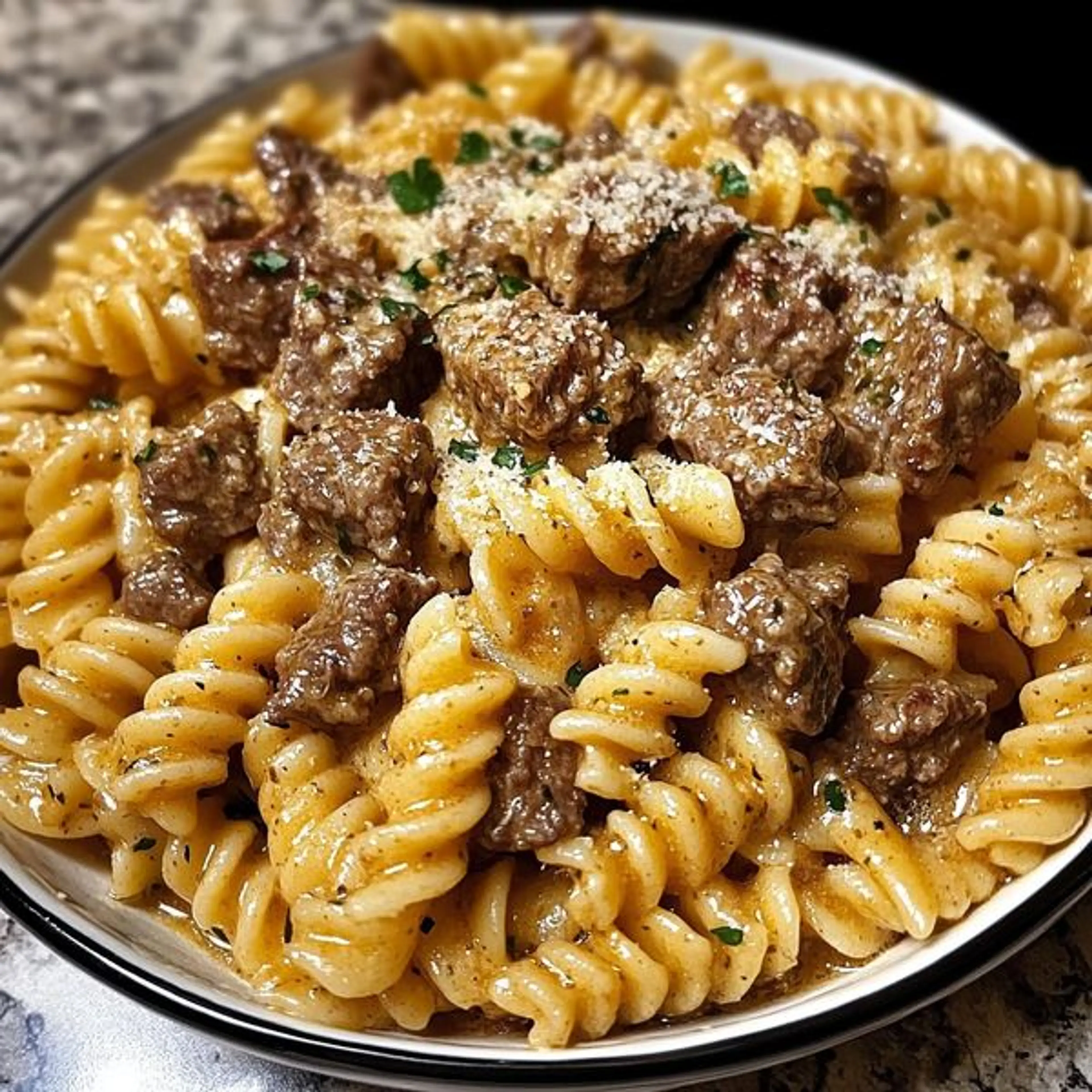 Beef and Rotini in Garlic Parmesan Sauce