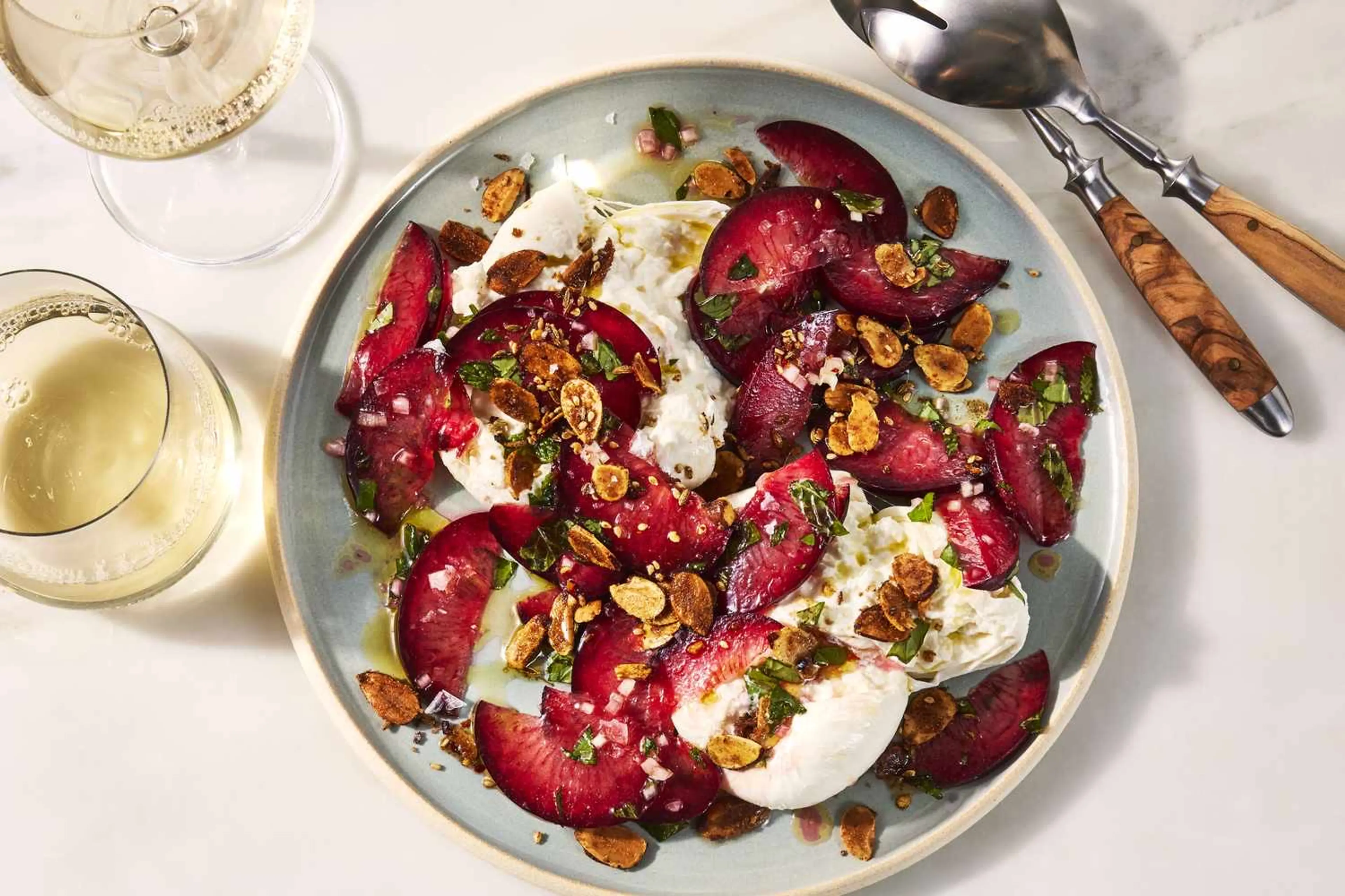 Plum and Burrata Salad with Spiced Almonds