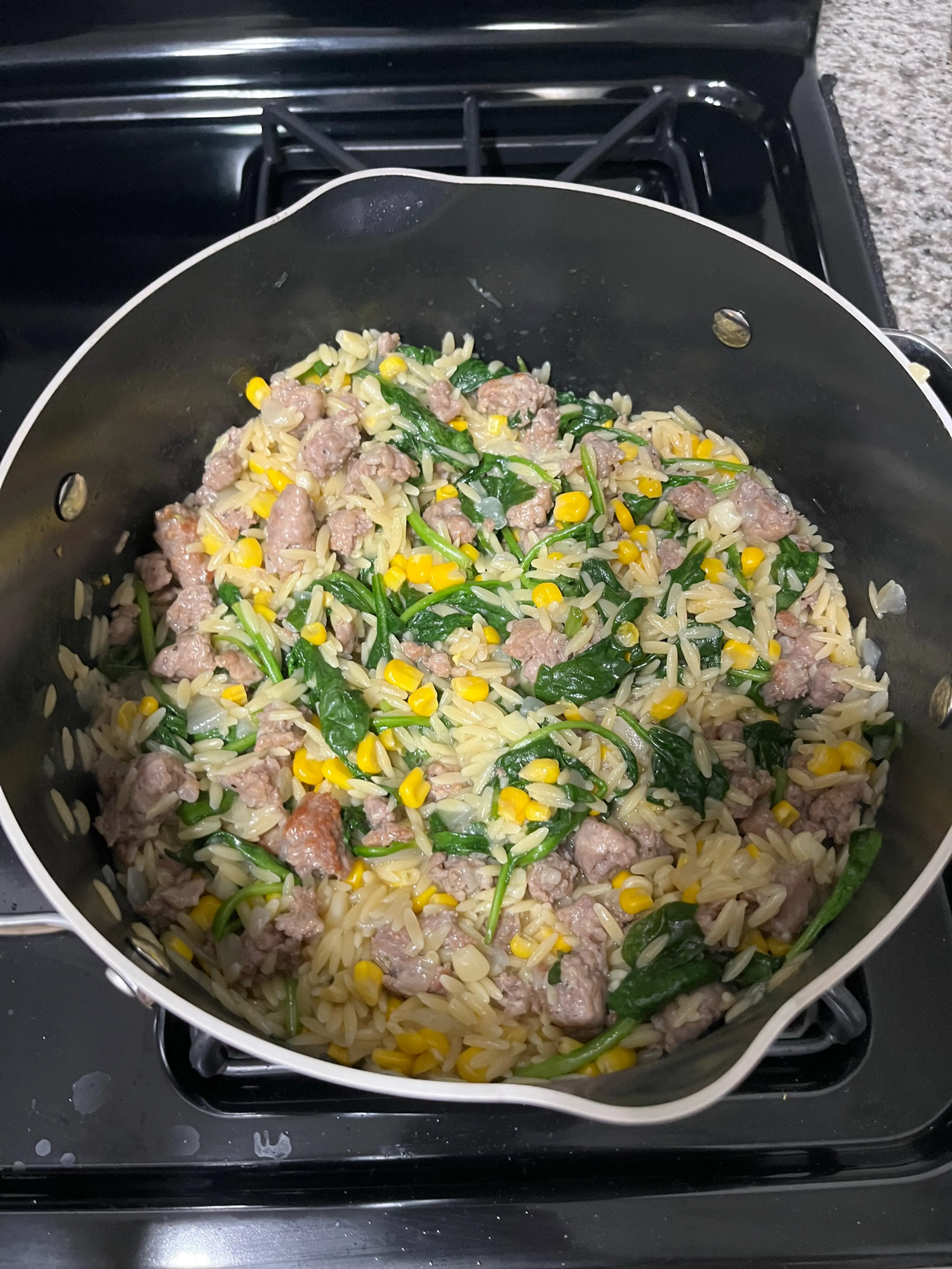 One-Pot Orzo with Chicken Sausage, Spinach, and Corn