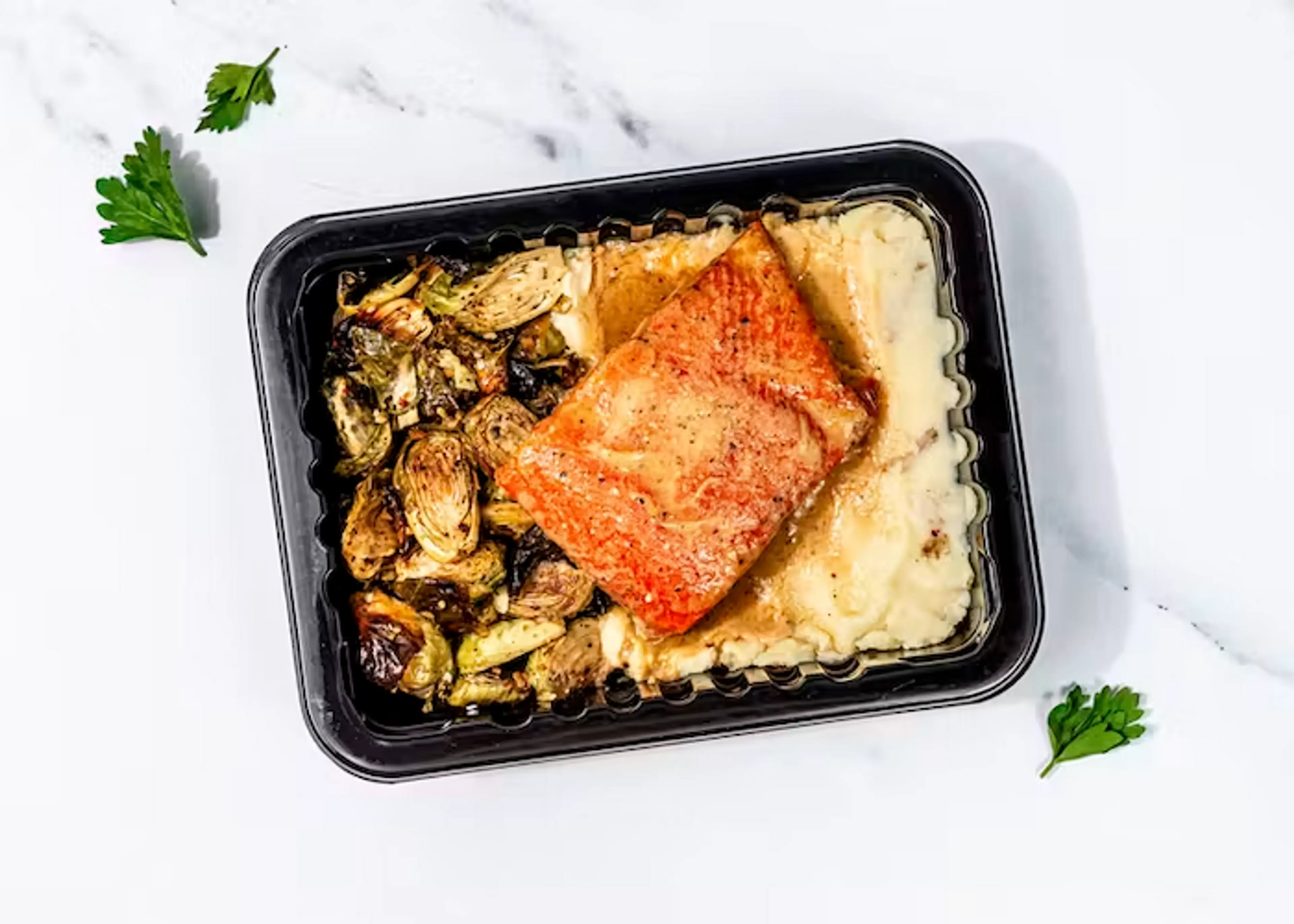 Honey Garlic Salmon with Mashed Potatoes & Brussels Sprouts