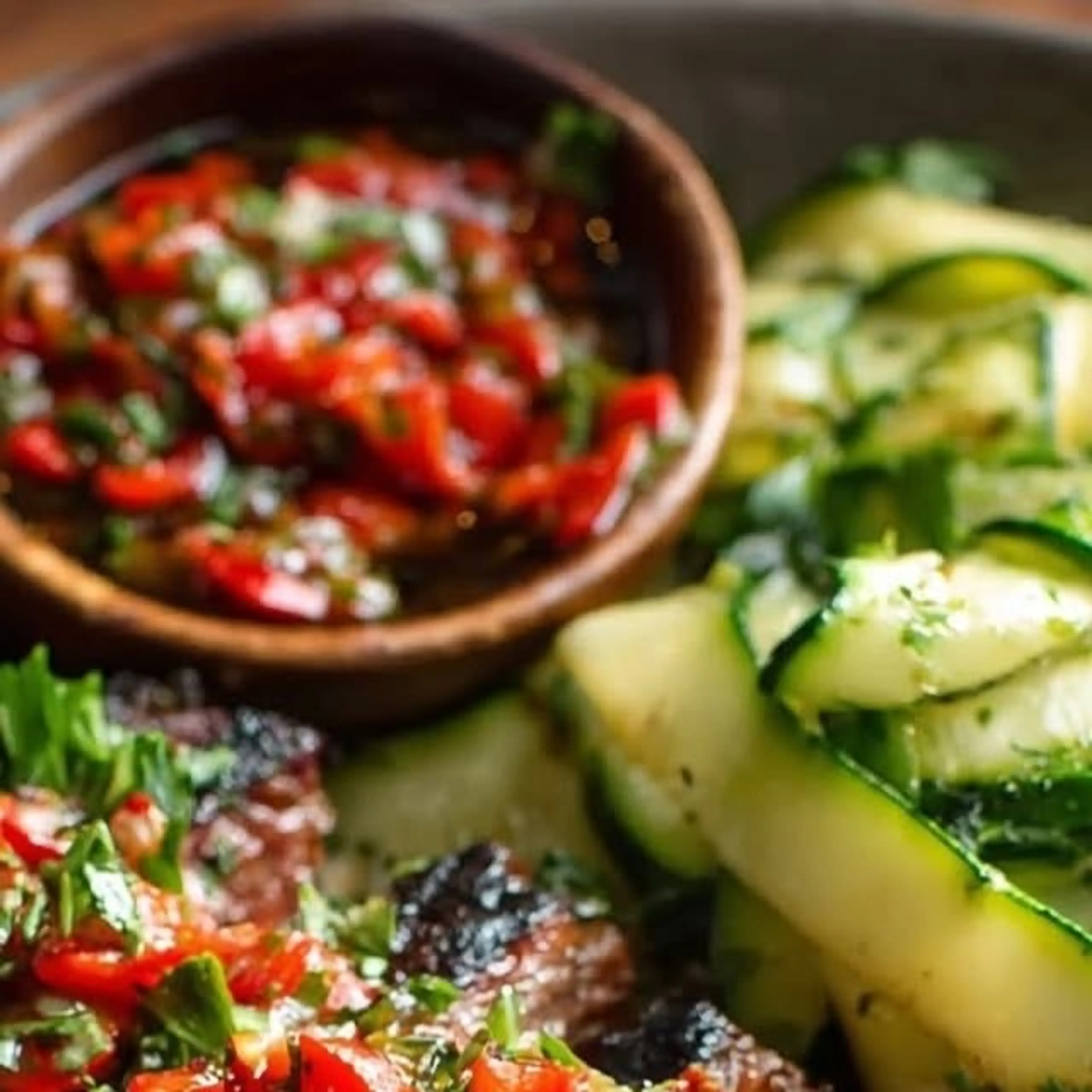 Balsamic Skirt Steak with Red Pepper Relish & Zucchini Salad