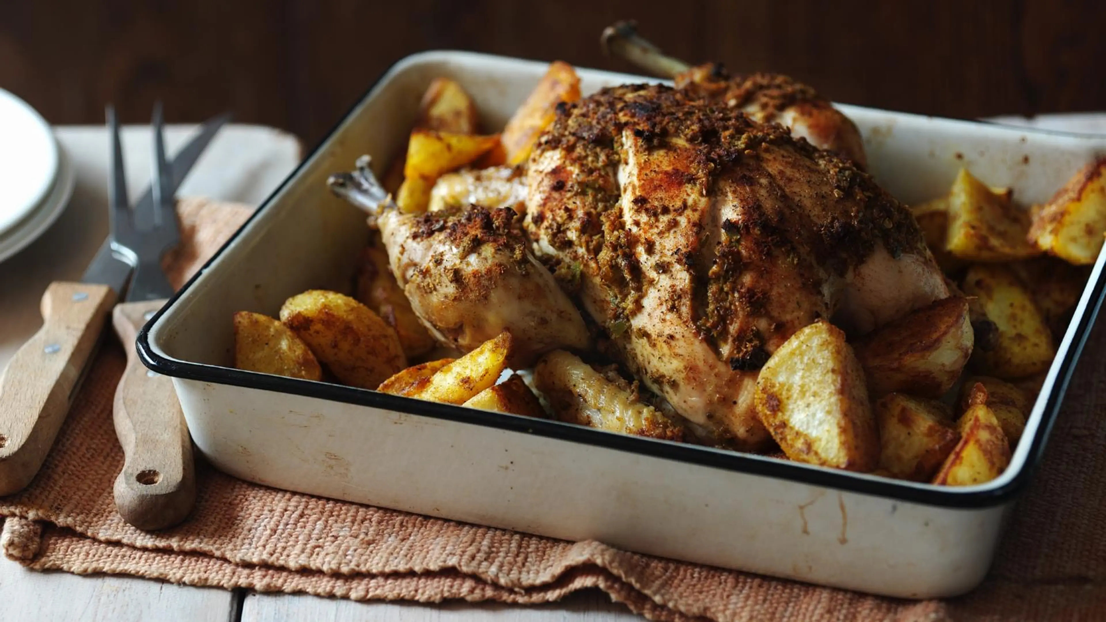 Roast chicken masala and potatoes