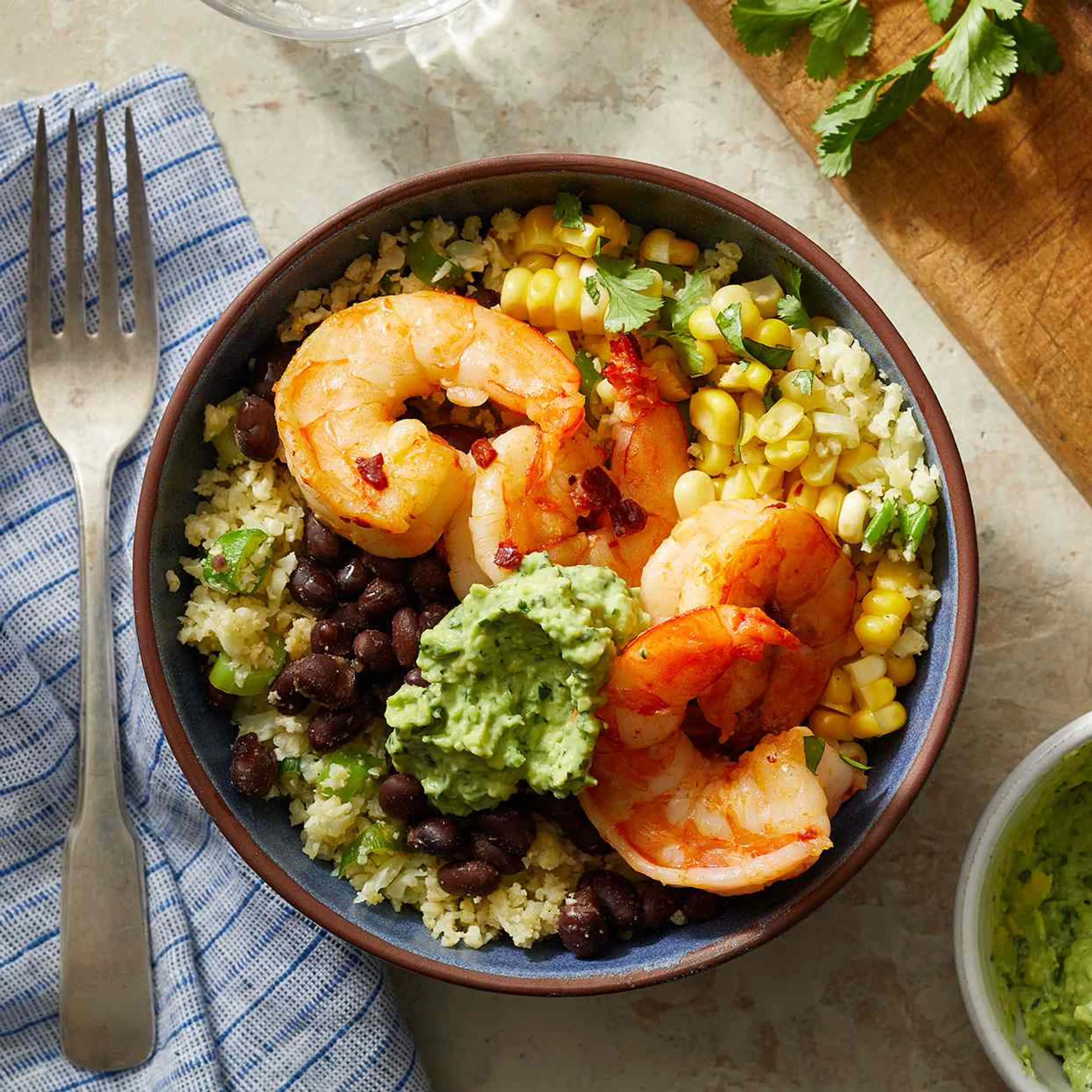 Southwestern Cauliflower Rice Bowls with Shrimp & Avocado Cr