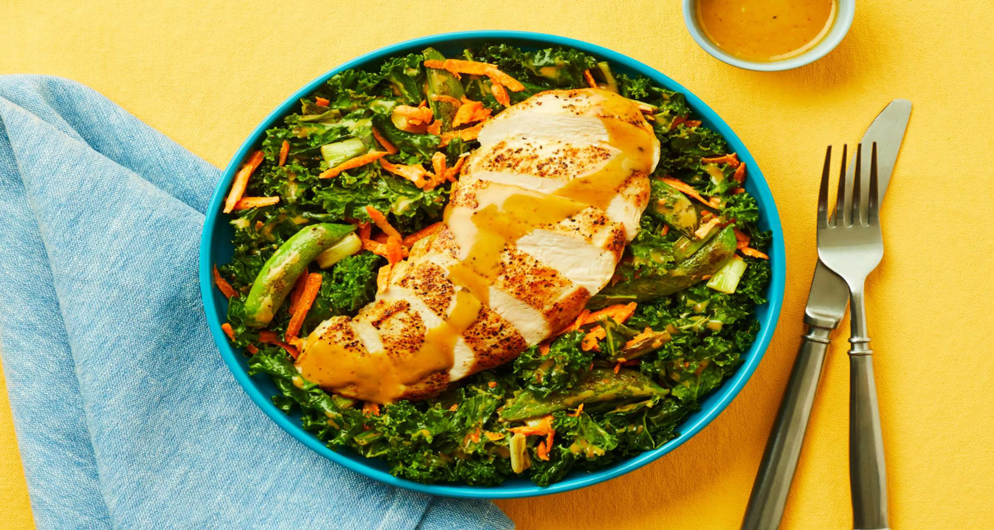 Sesame-Garlic Chicken & Kale Salad with Charred Snap Peas & 