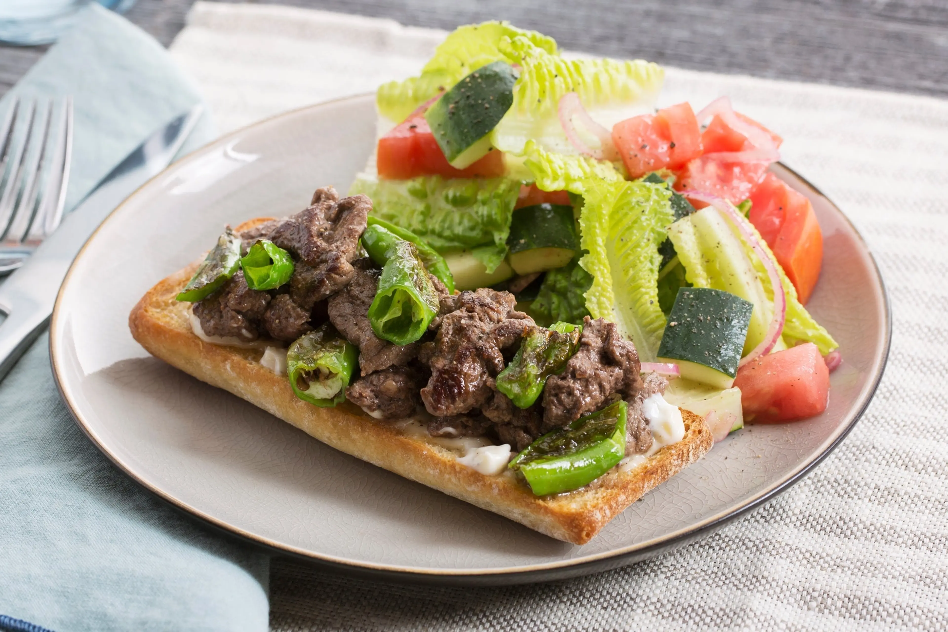 Beef & Shishito Open-Faced Sandwiches with Tomato, Cucumber