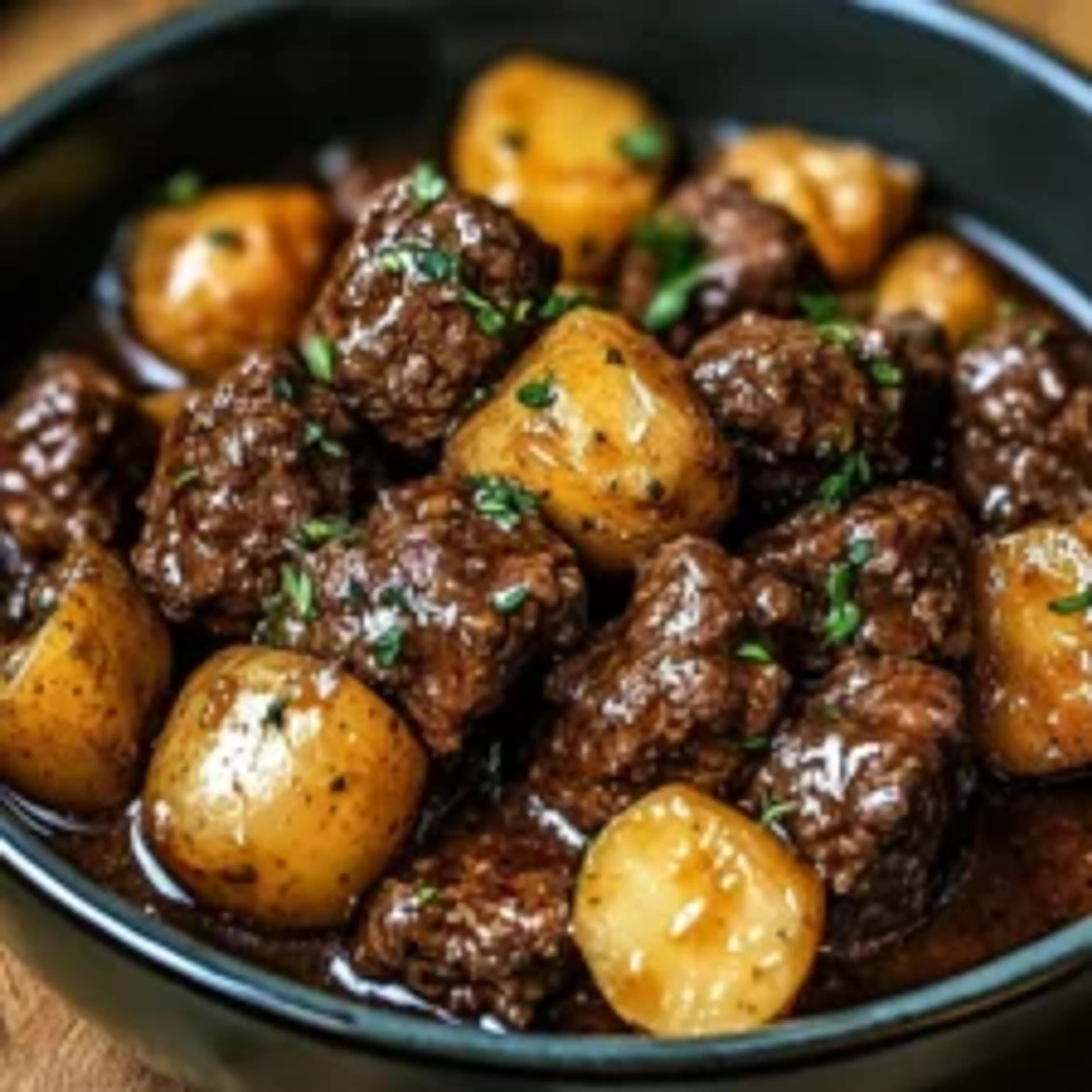 Slow Cooker Garlic Butter Beef Bites & Potatoes