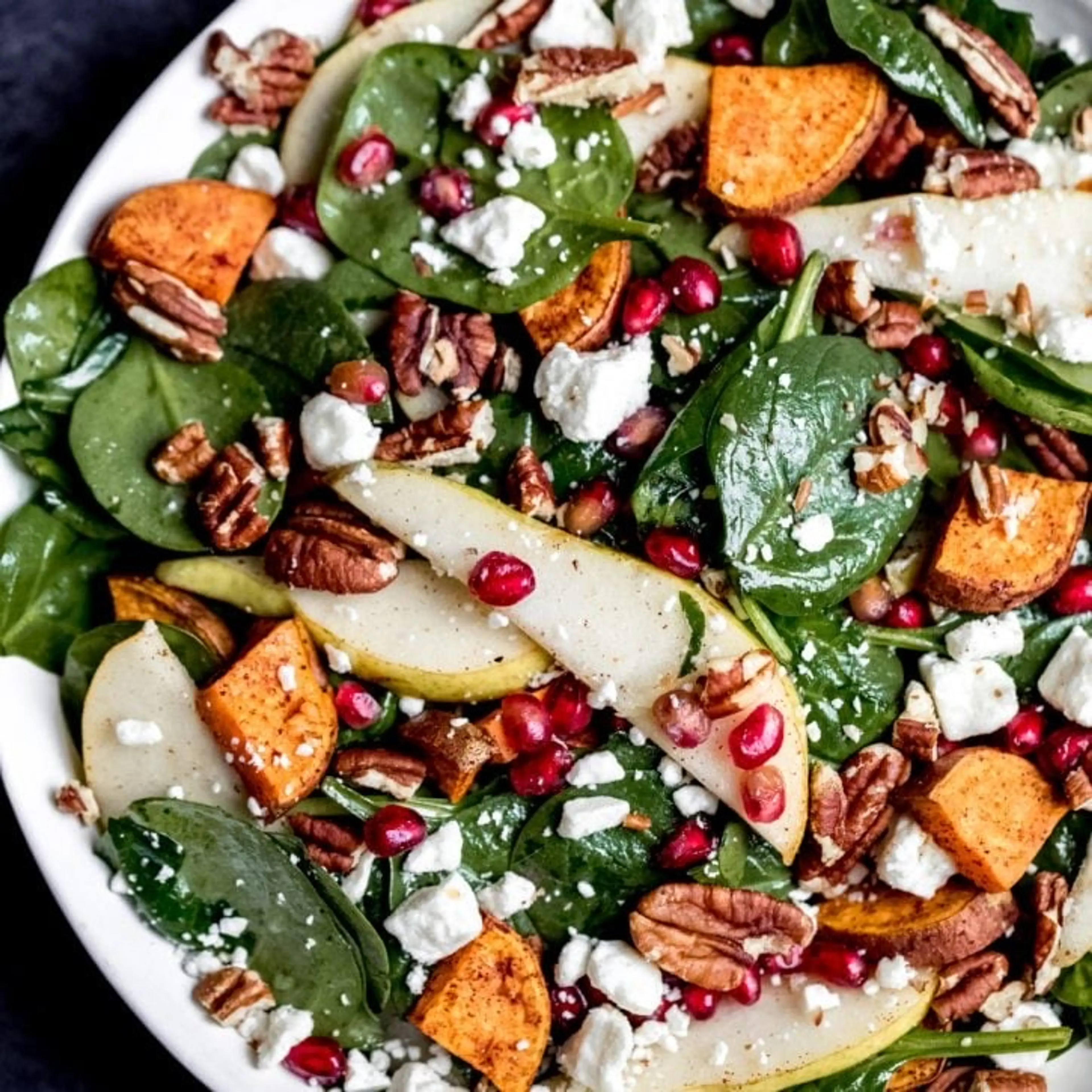 Roasted Sweet Potato, Pear & Pomegranate Spinach Salad