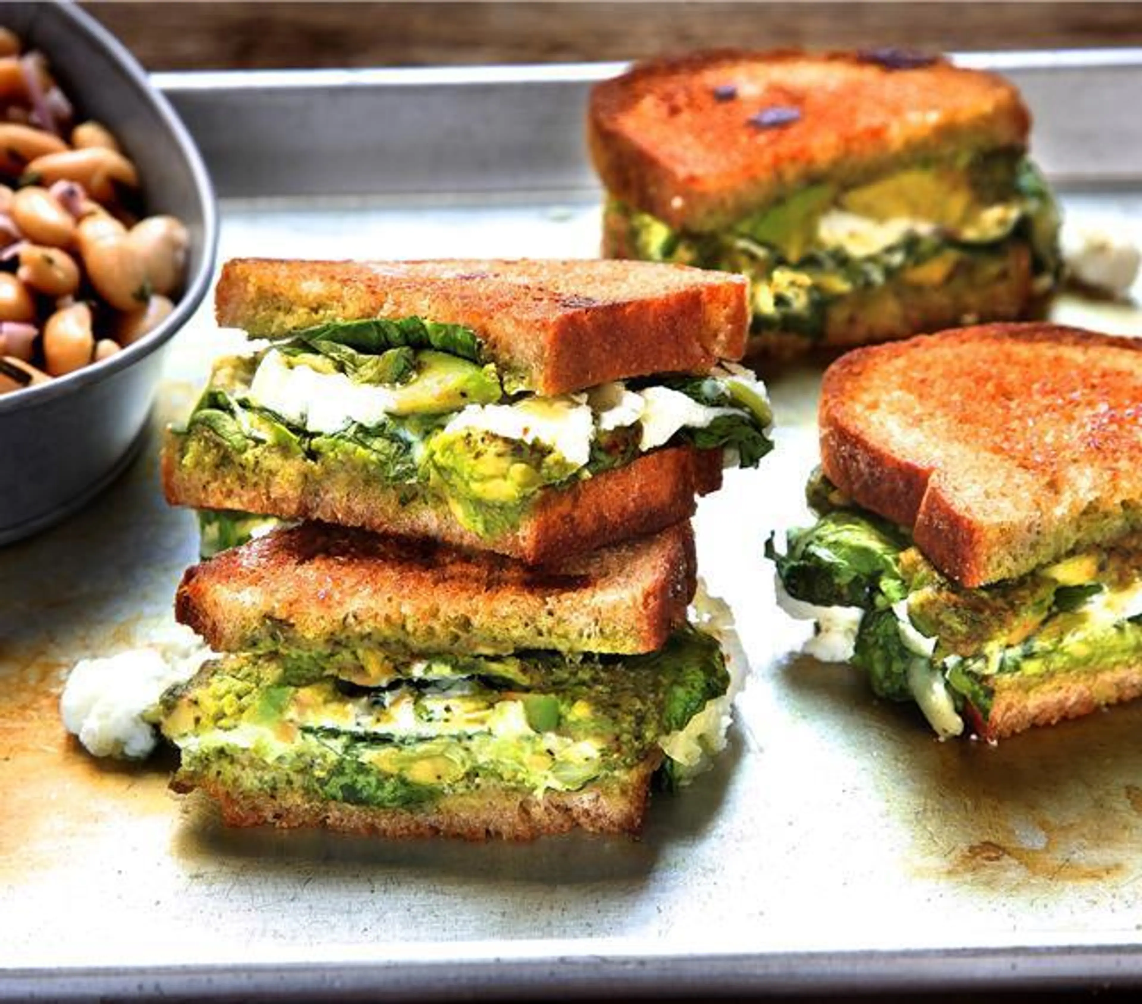 Spinach Pesto Grilled Cheese with Cannellini Salad