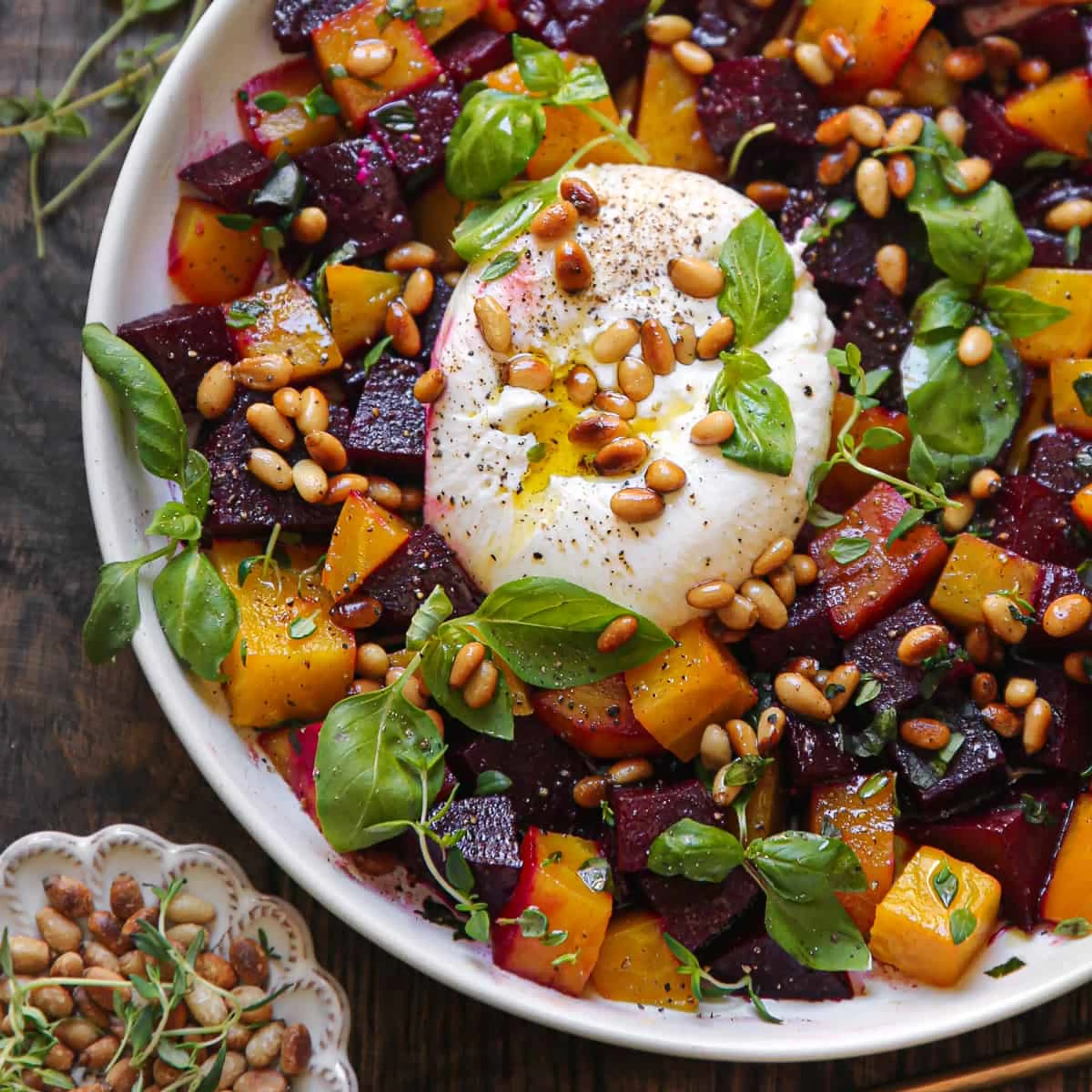 Beet and Burrata Salad with Pine Nuts and Honey-Balsamic Dre