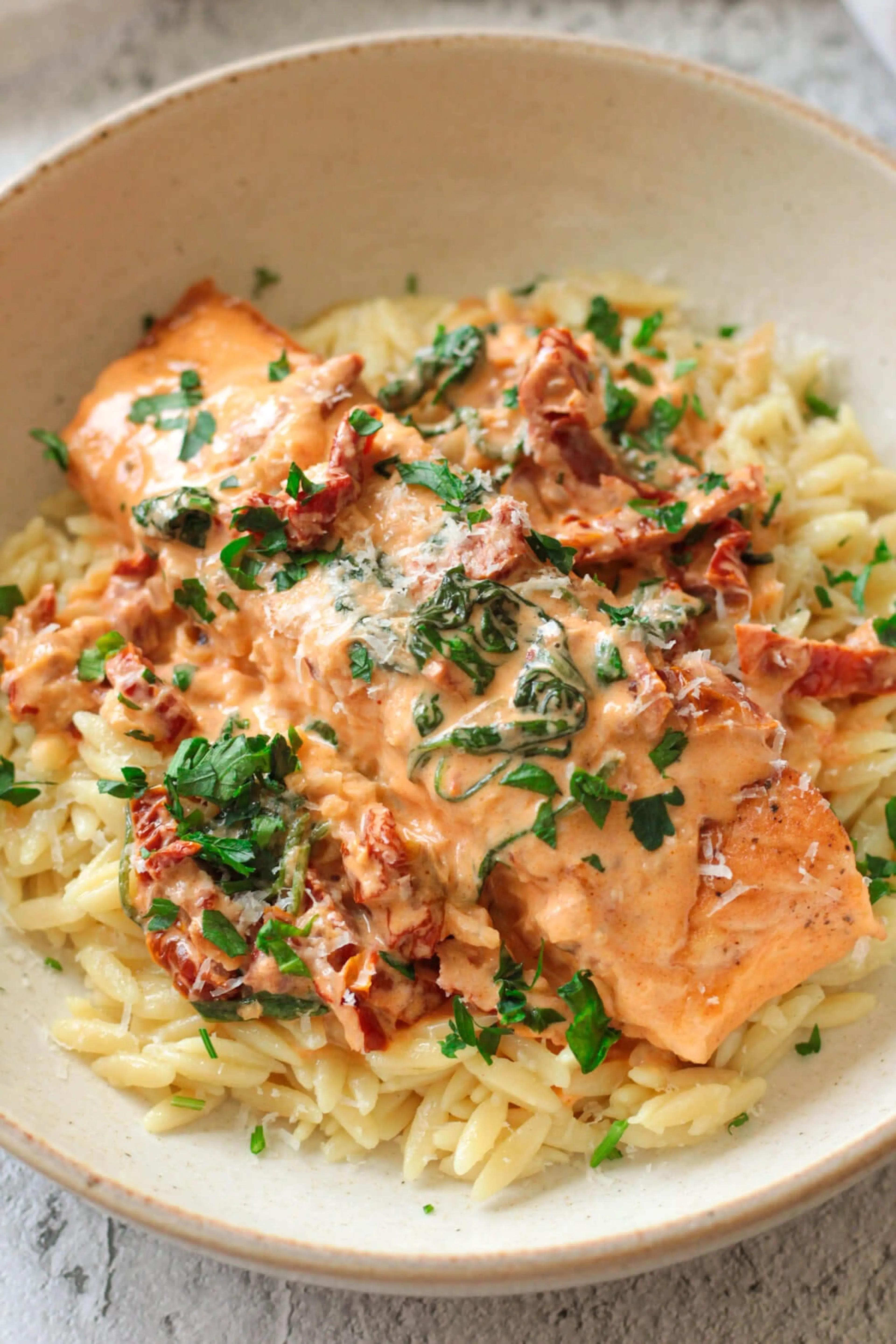 Creamy Tuscan Salmon with Garlic-Parmesan Orzo
