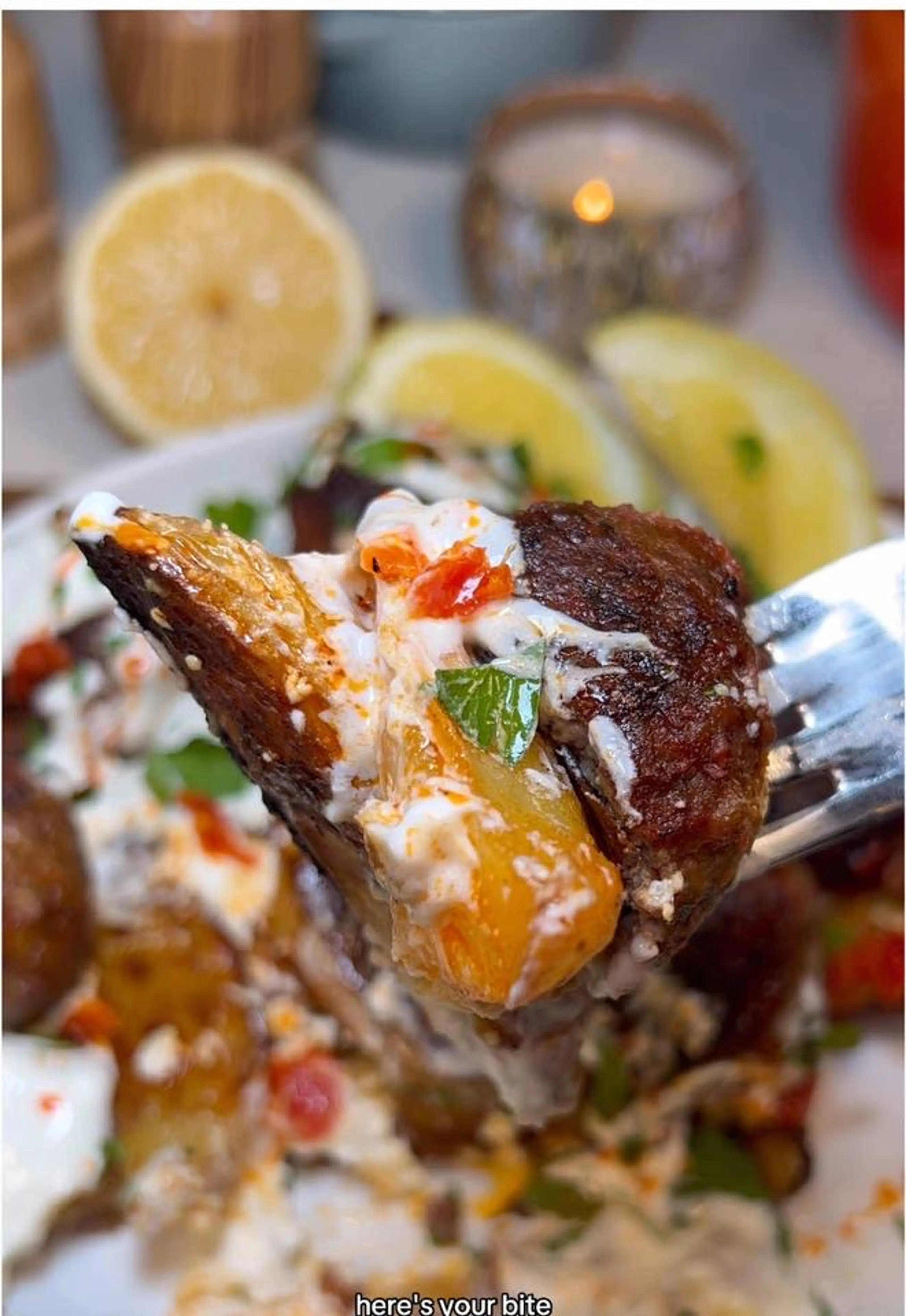 Spiced Meatballs with Lemon Feta Potato Wedges and Garlic Yo