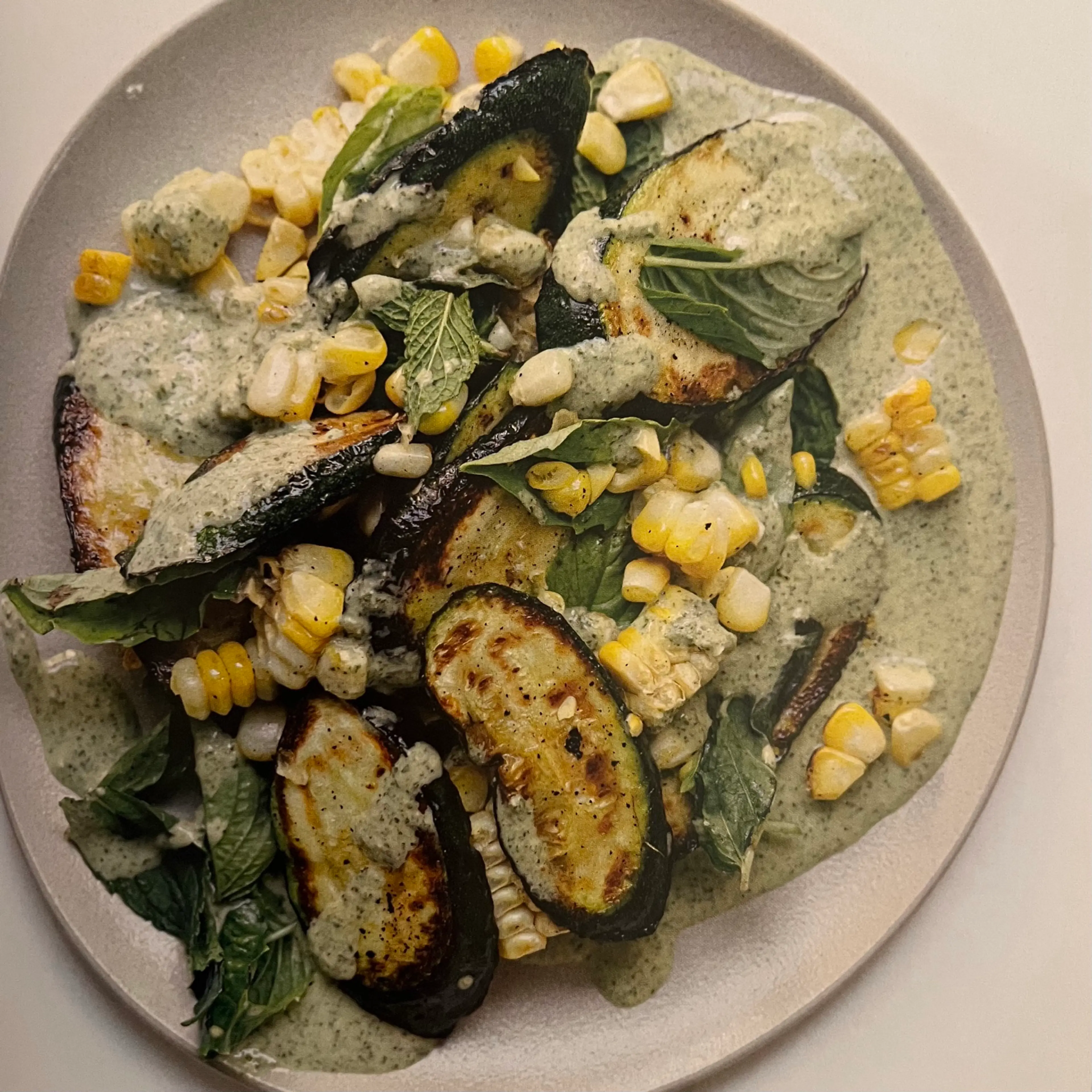 Charred Zucchini and Corn with Basil Caesar-ish Sauce
