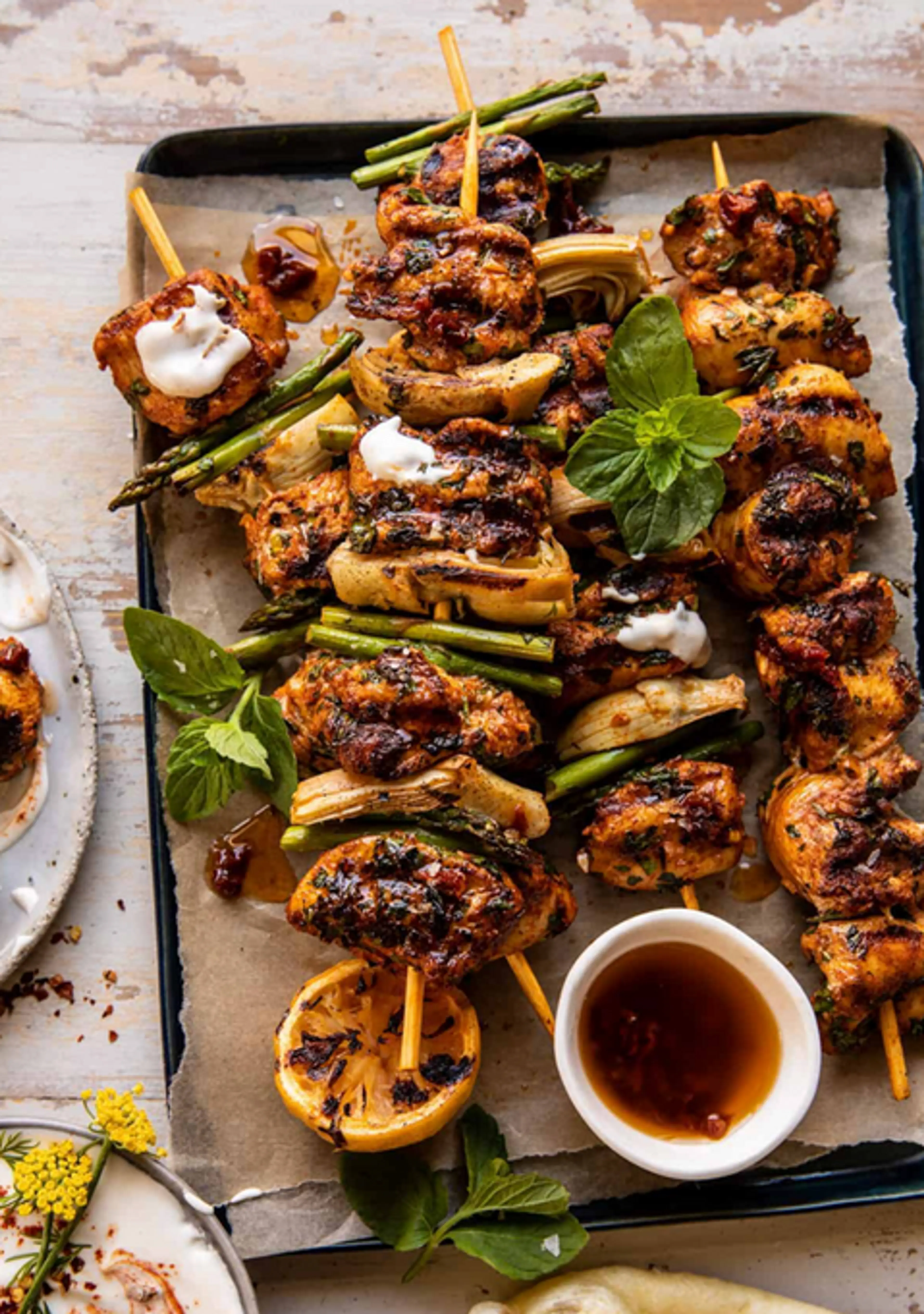 Lemon Chicken Skewers with Creamy Feta Sauce
