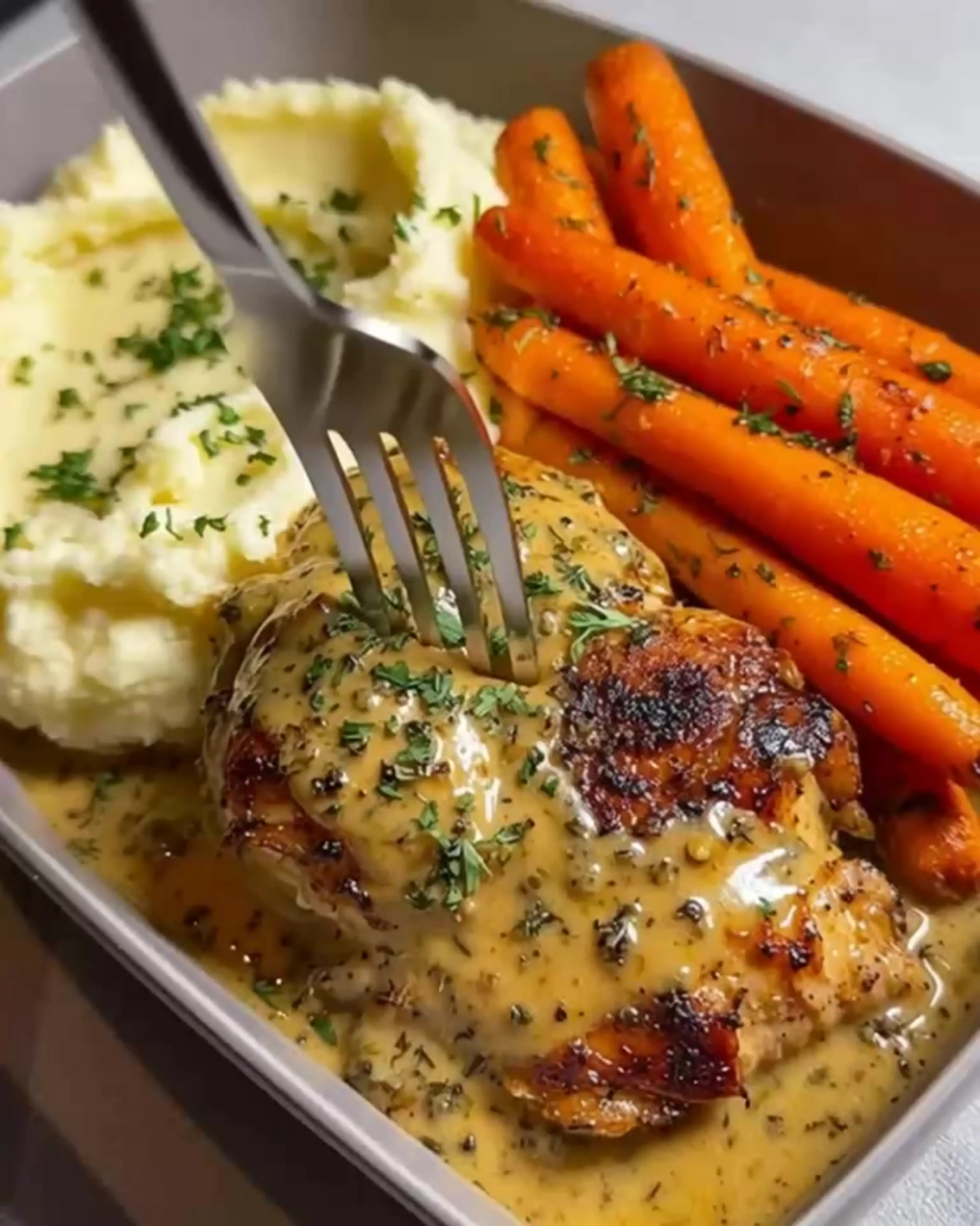 Creamy Herb Chicken with Mashed Potatoes & Butter Carrots
