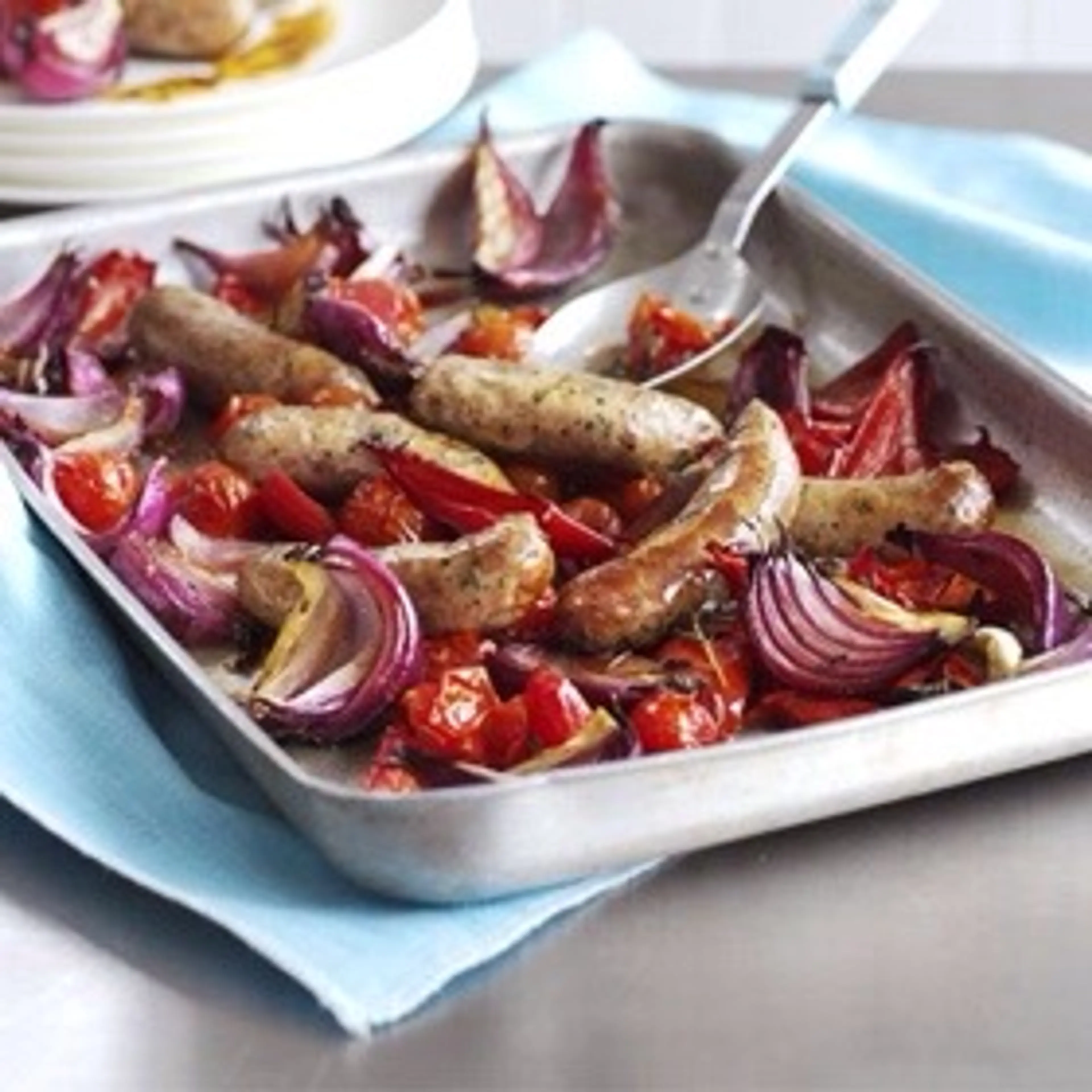Balsamic roasted sausages with red veg