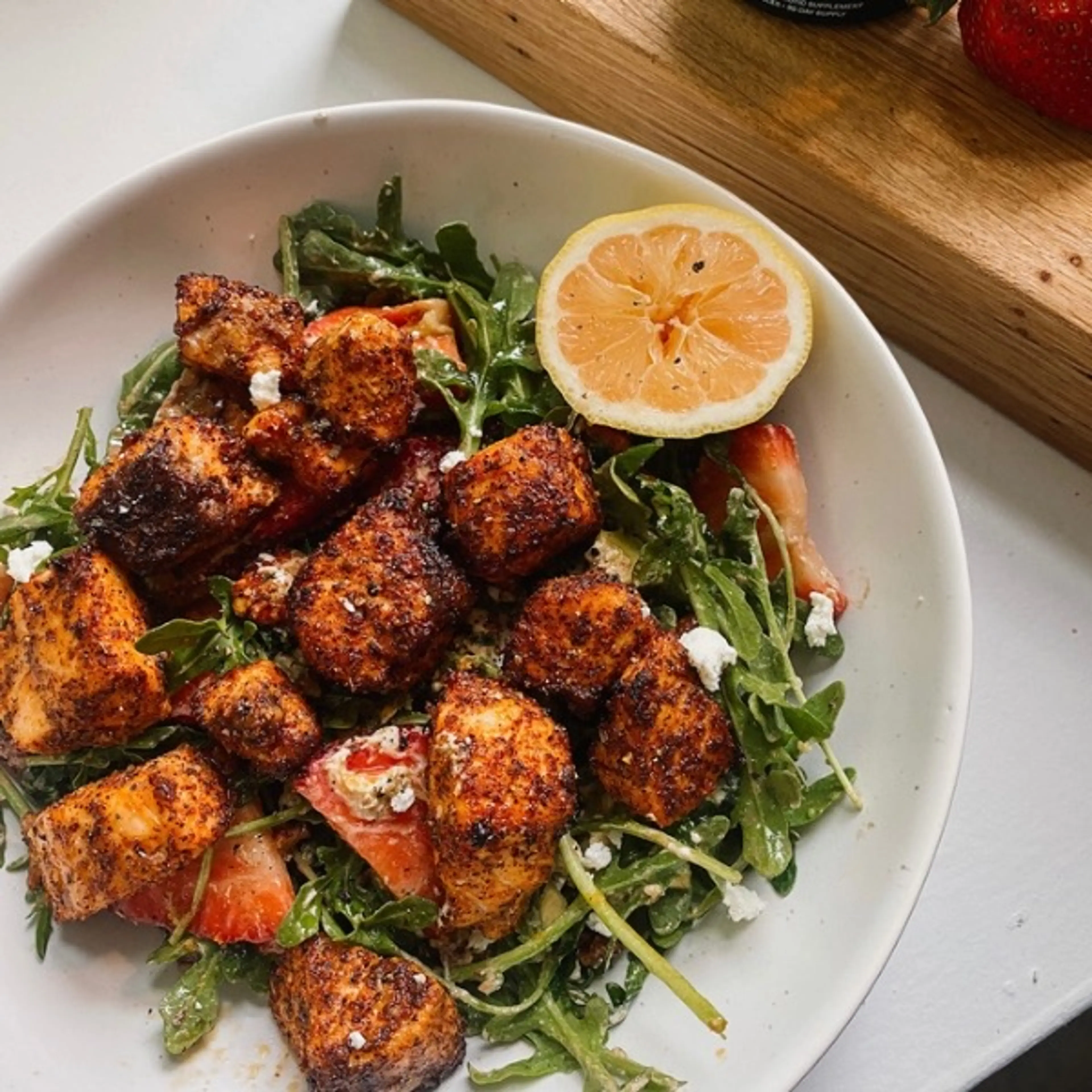 Blackened Salmon bites with Strawberry Salad
