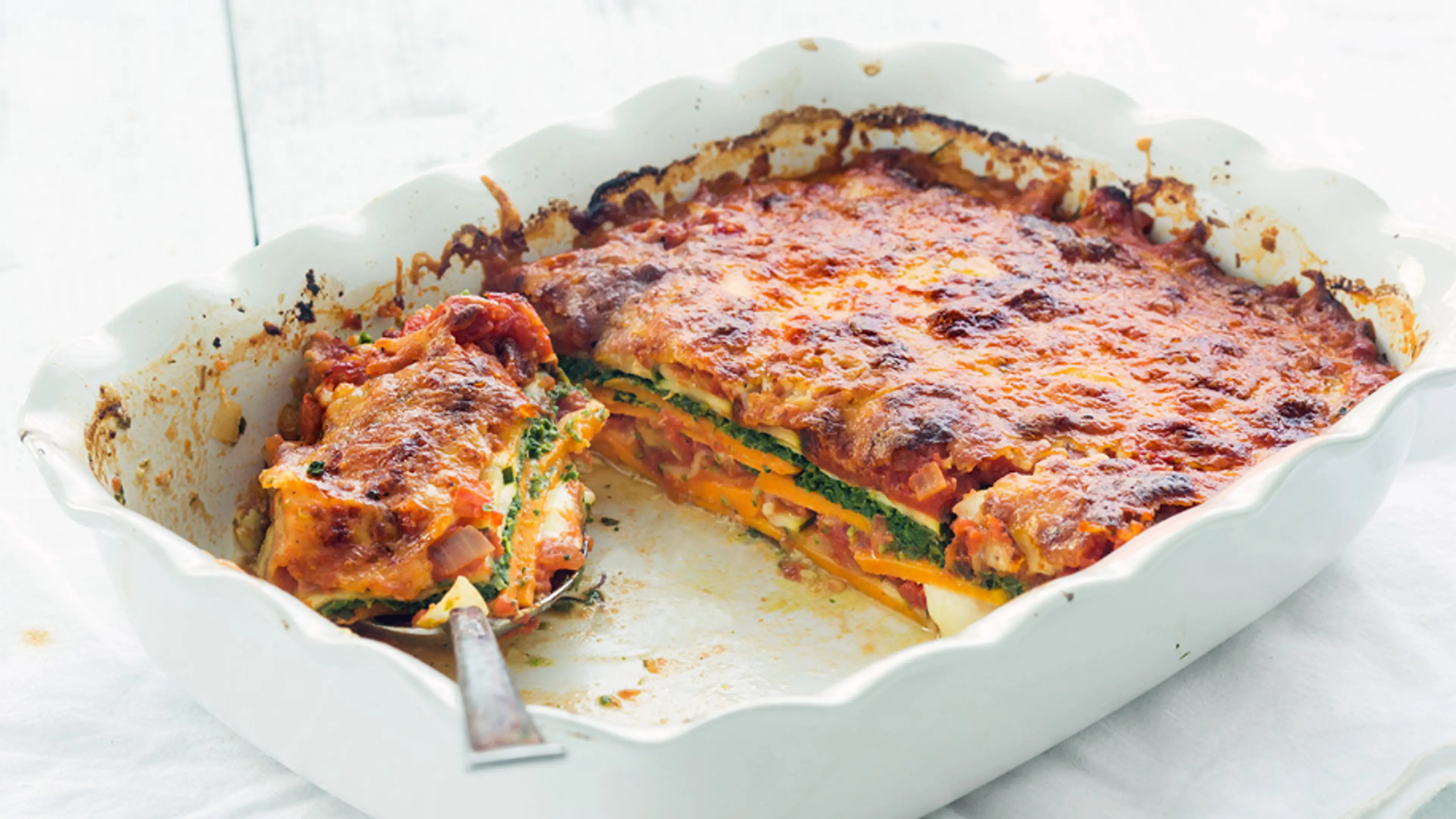 lasagne met zoete aardappel, courgette en spinazie