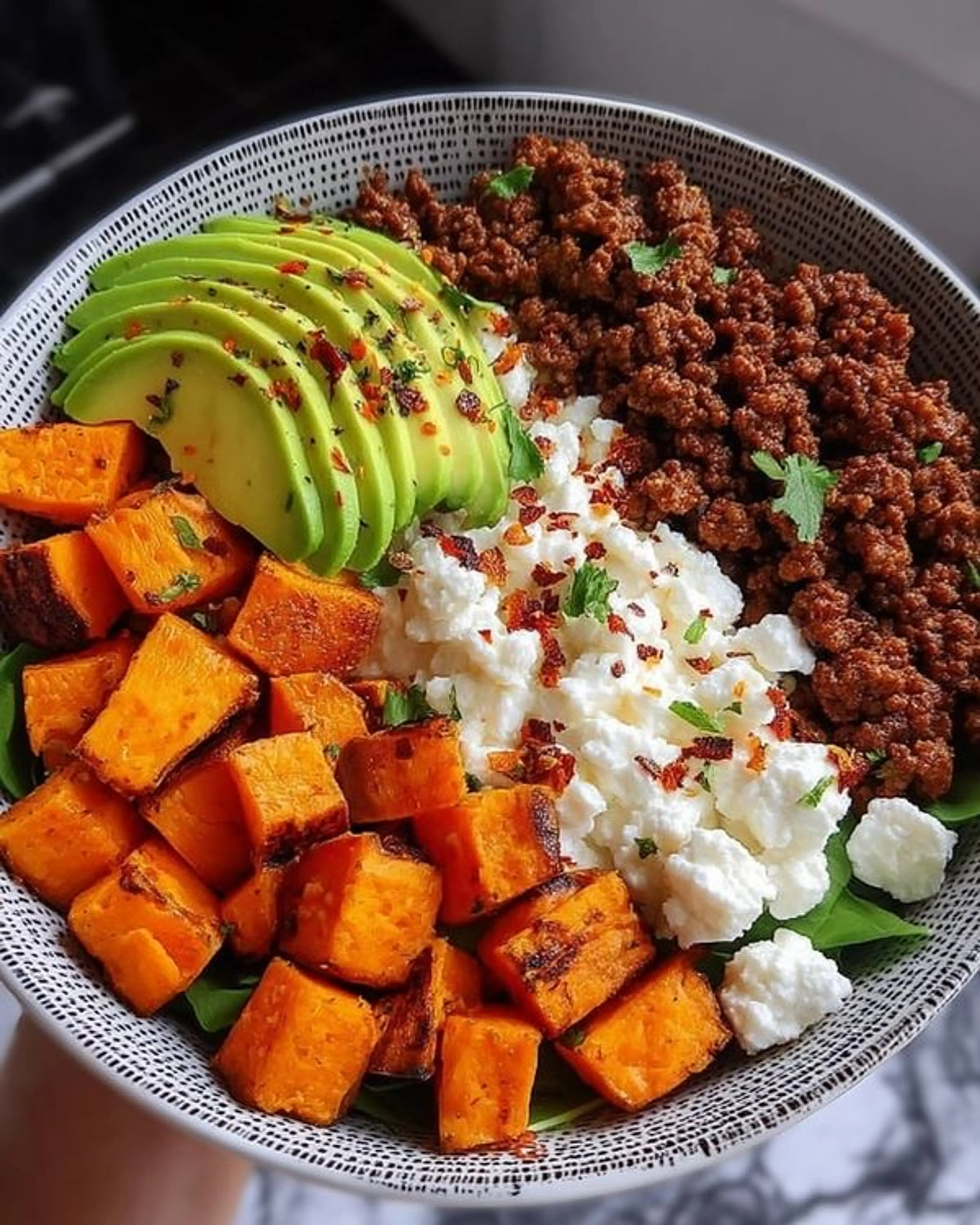 Sweet Potato & Ground Beef Power Bowl with Cottage Cheese &