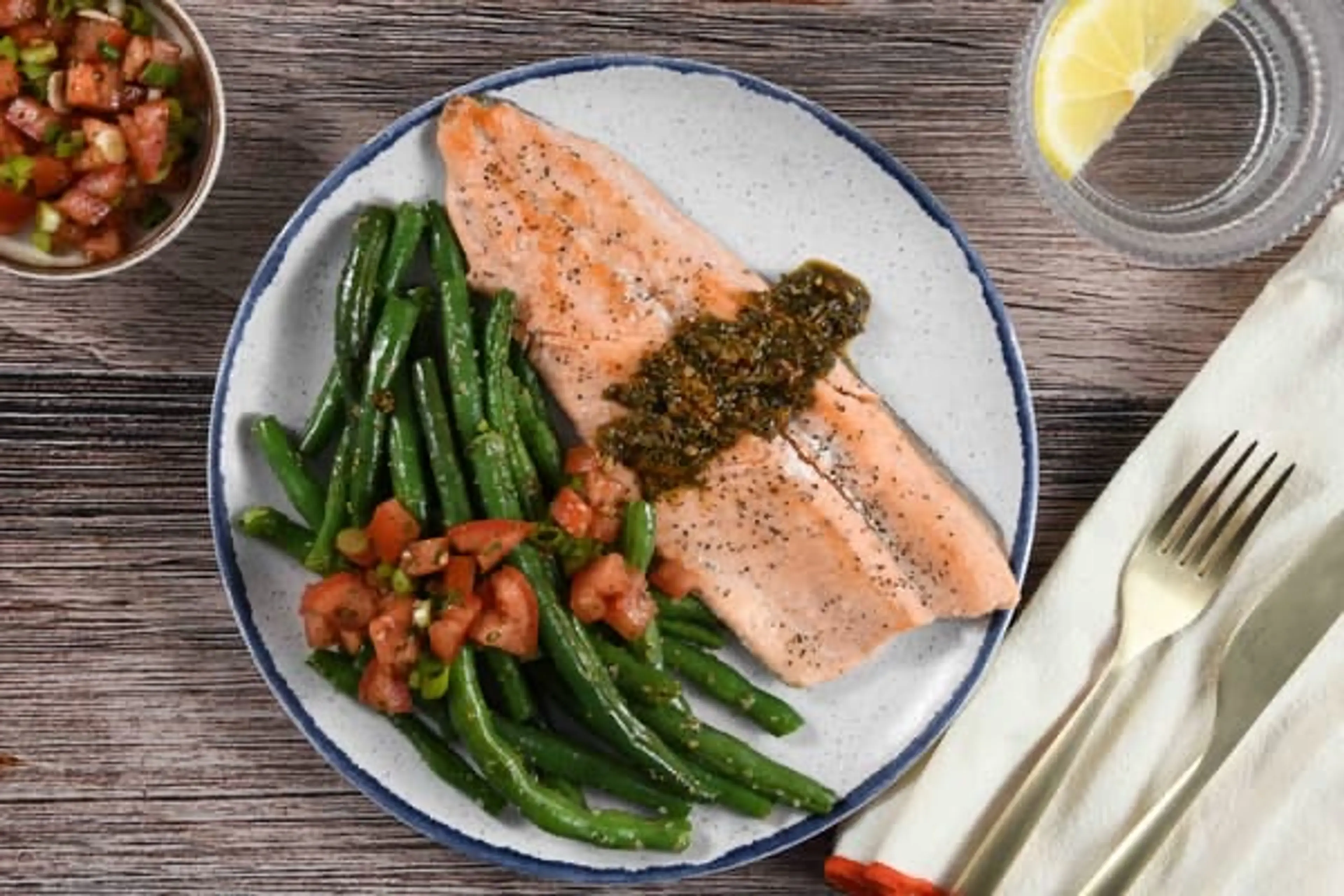 Roasted Chimichurri Trout with bruschetta green beans