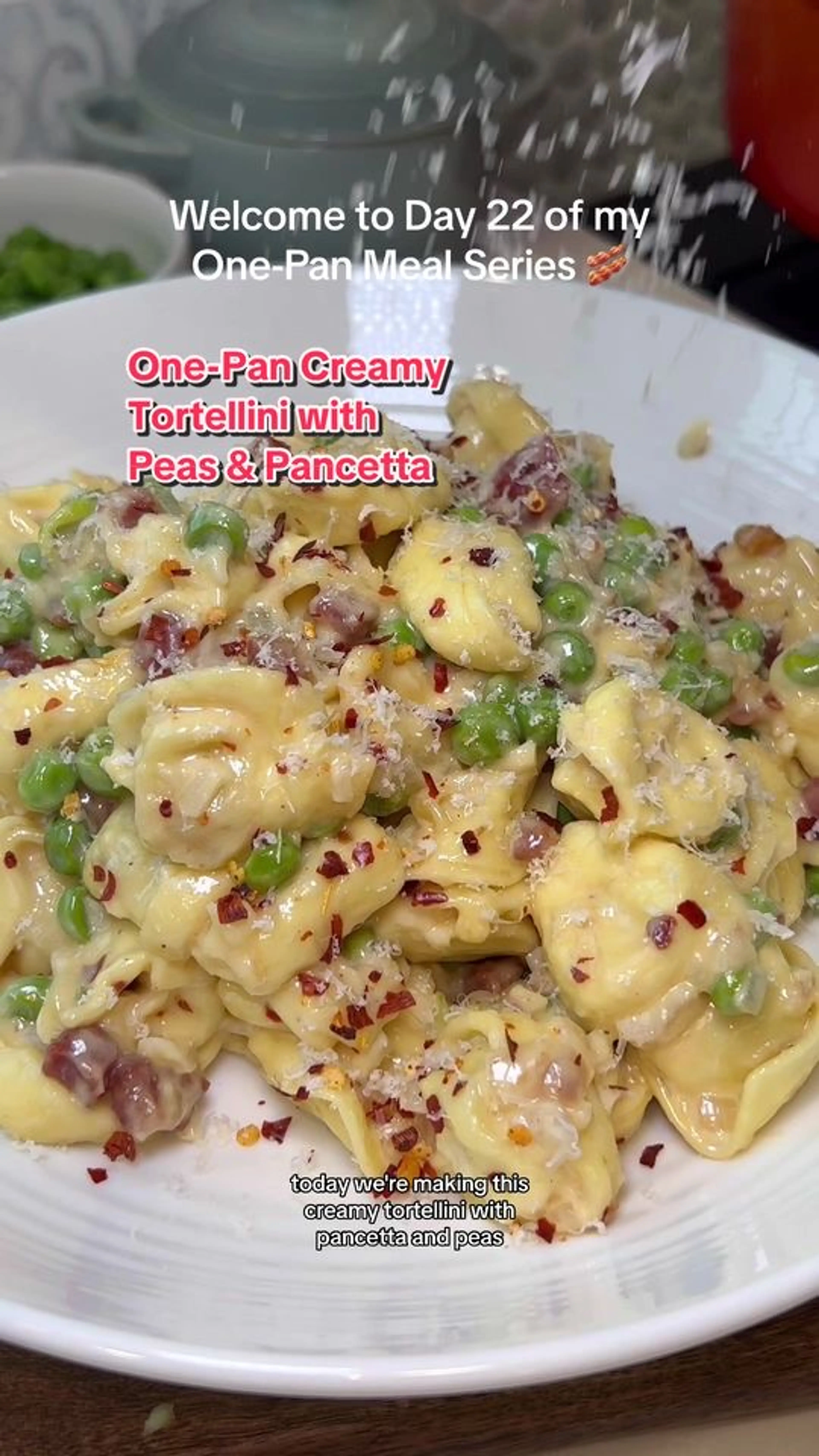 One-pan Creamy Tortellini with Pancetta & Peas