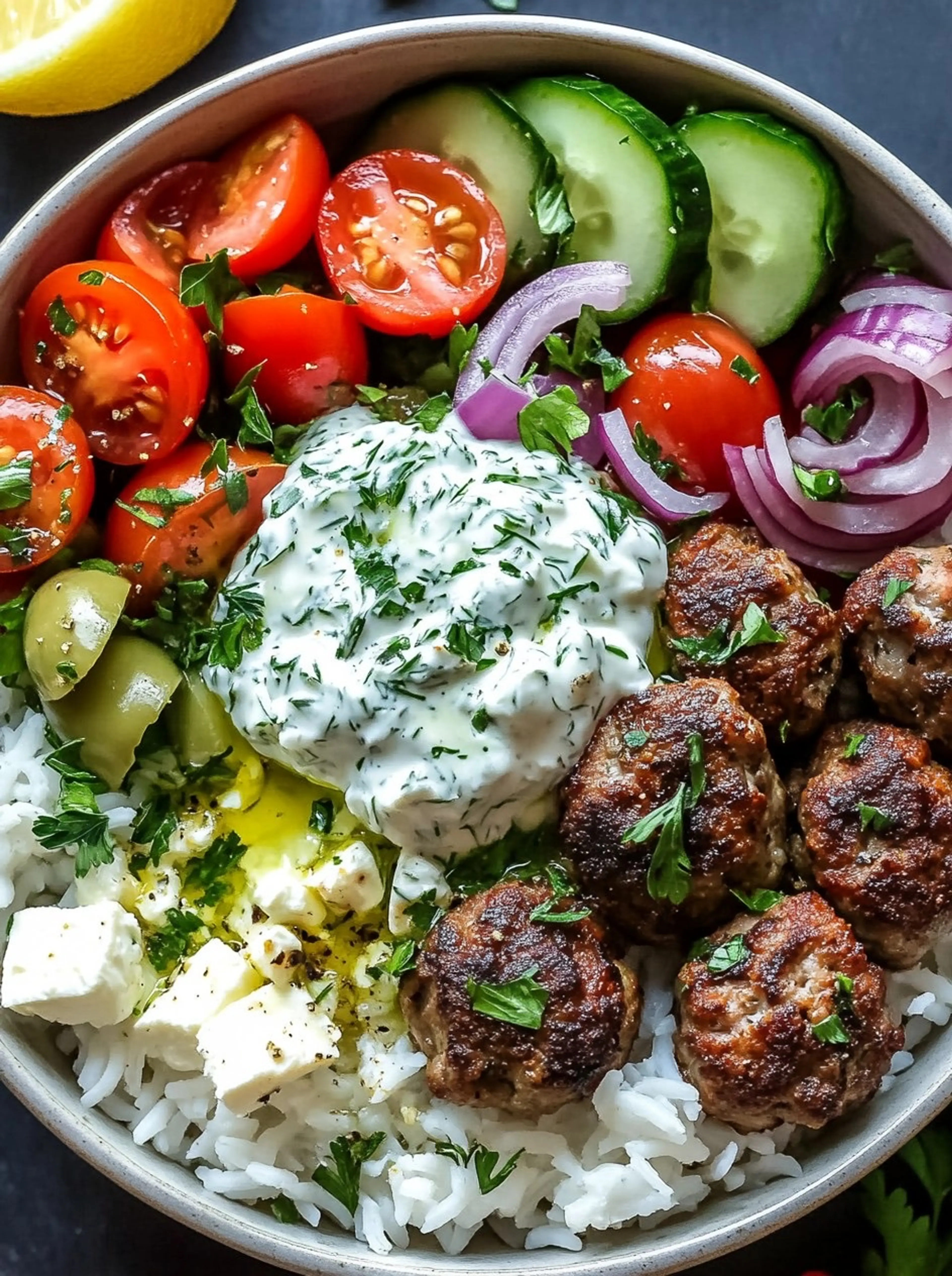 Mediterranean Lamb Meatball Bowl with Tzatziki, Feta & Garli