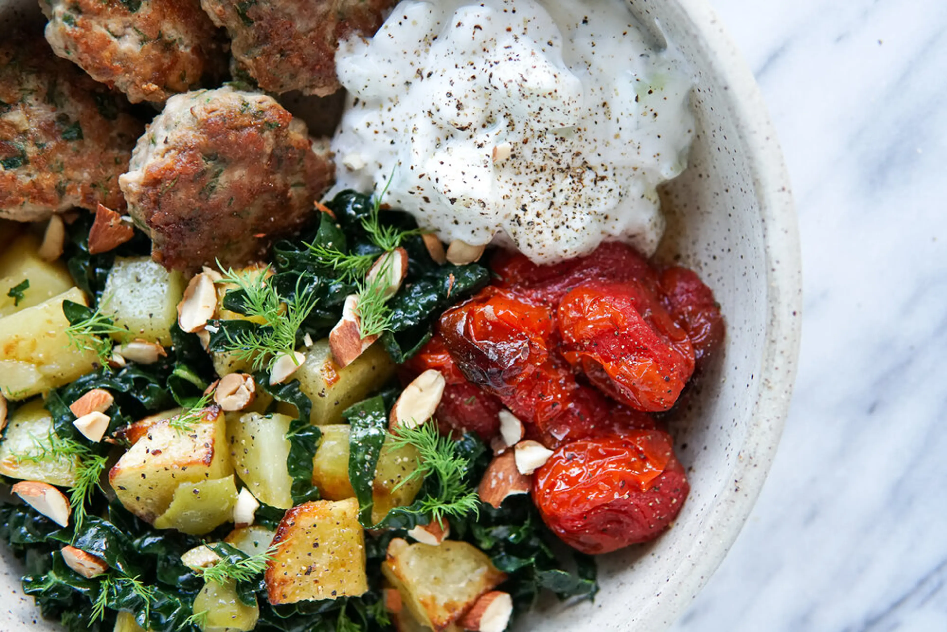 Warm Roasted Potato Kale Salad + Turkey Patties with Tzatzik