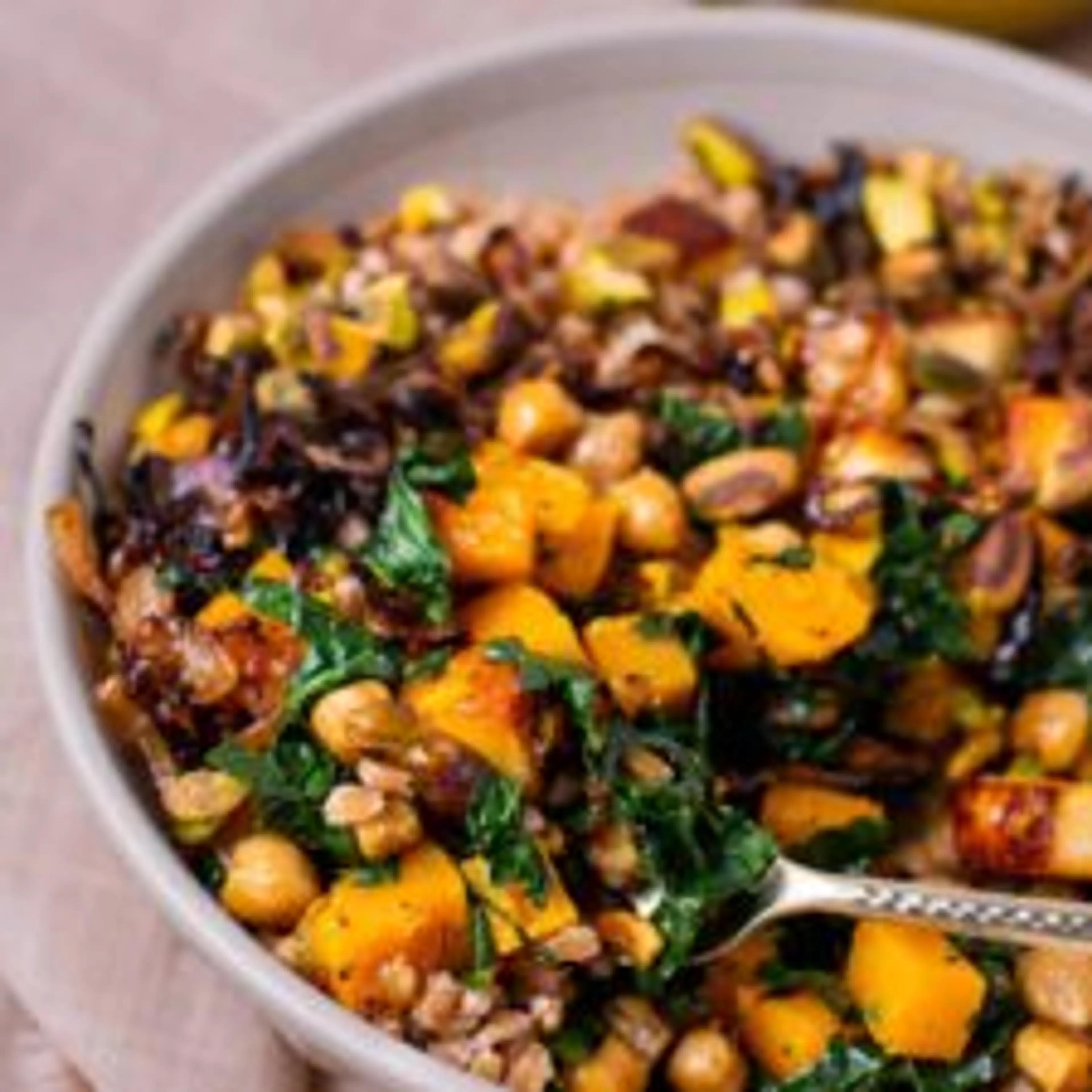 Fall Farro Grain Bowl with Roasted Veg and Crispy Cheese