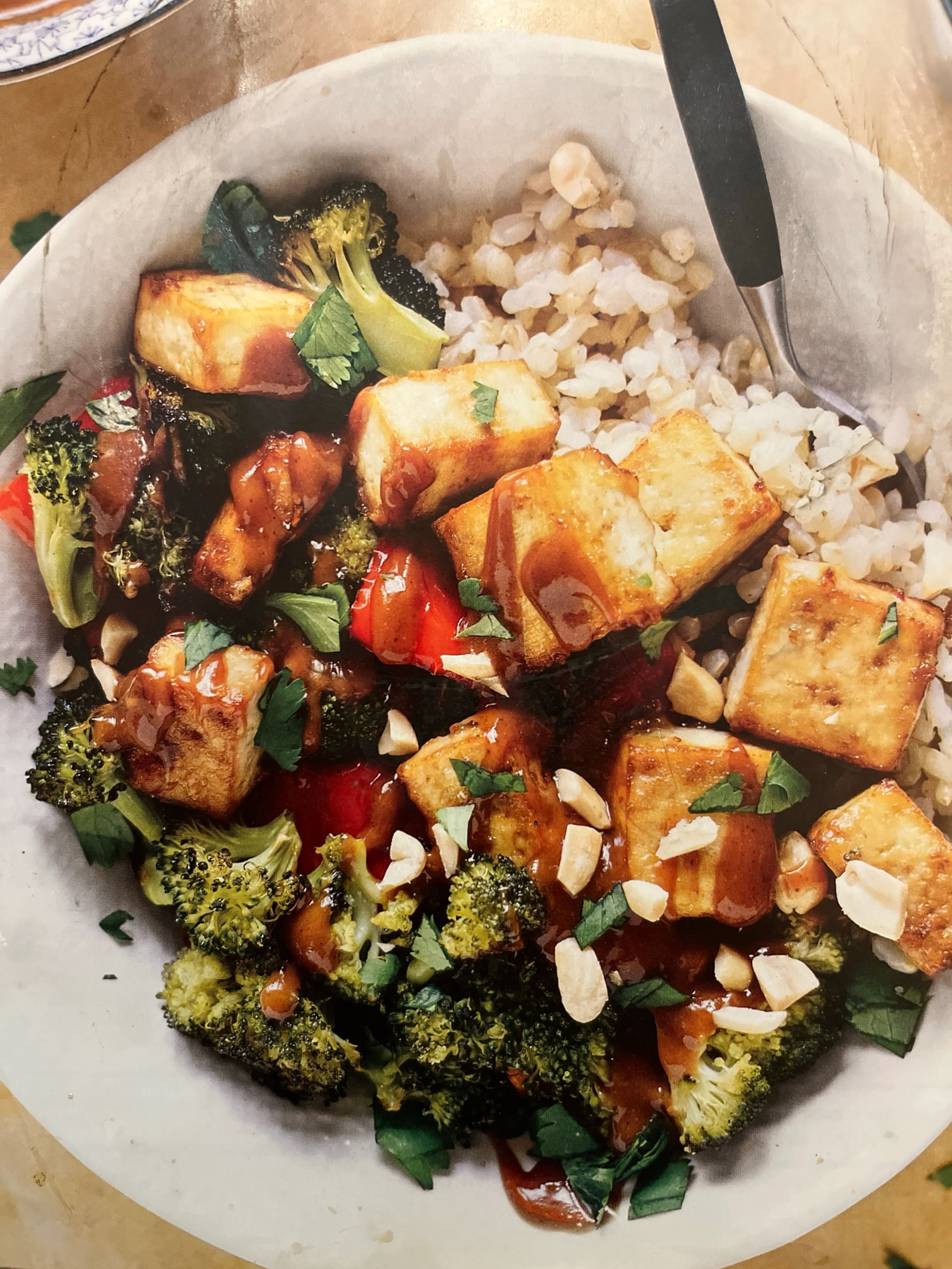 Roasted Broccoli, Bell Pepper, and Tofu Bowl with Peanut Sau