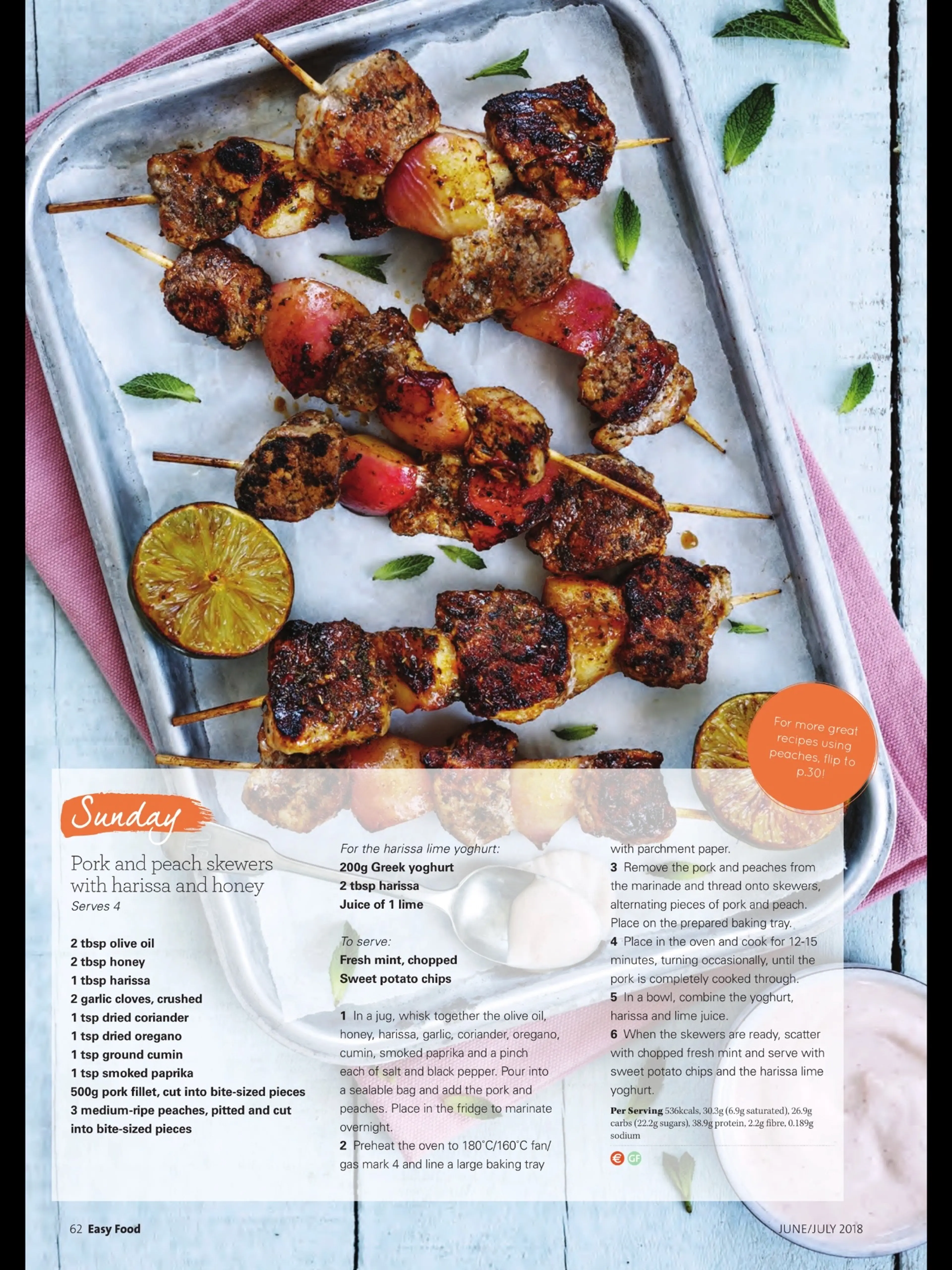 Pork and peach skewers with harissa and honey