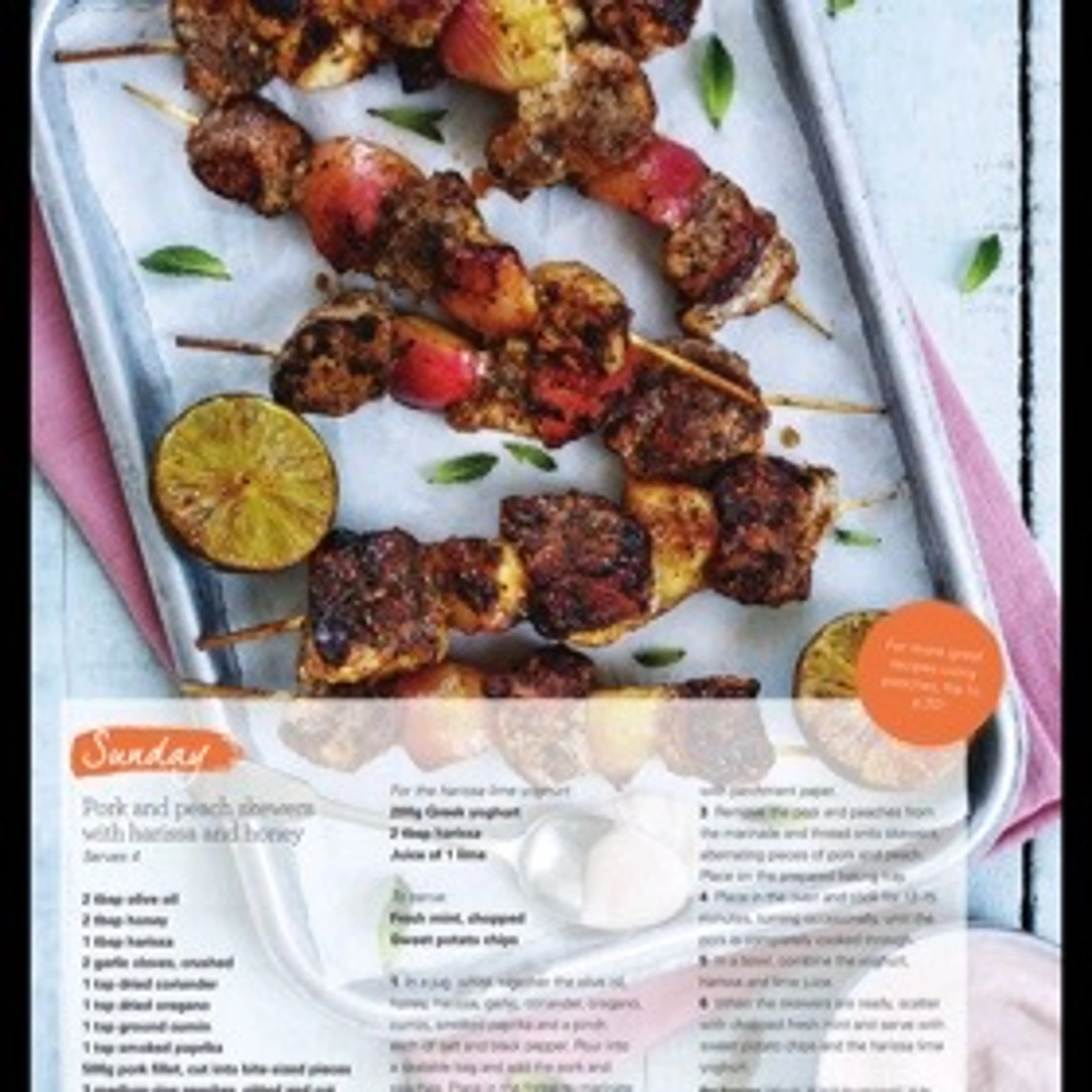 Pork and peach skewers with harissa and honey