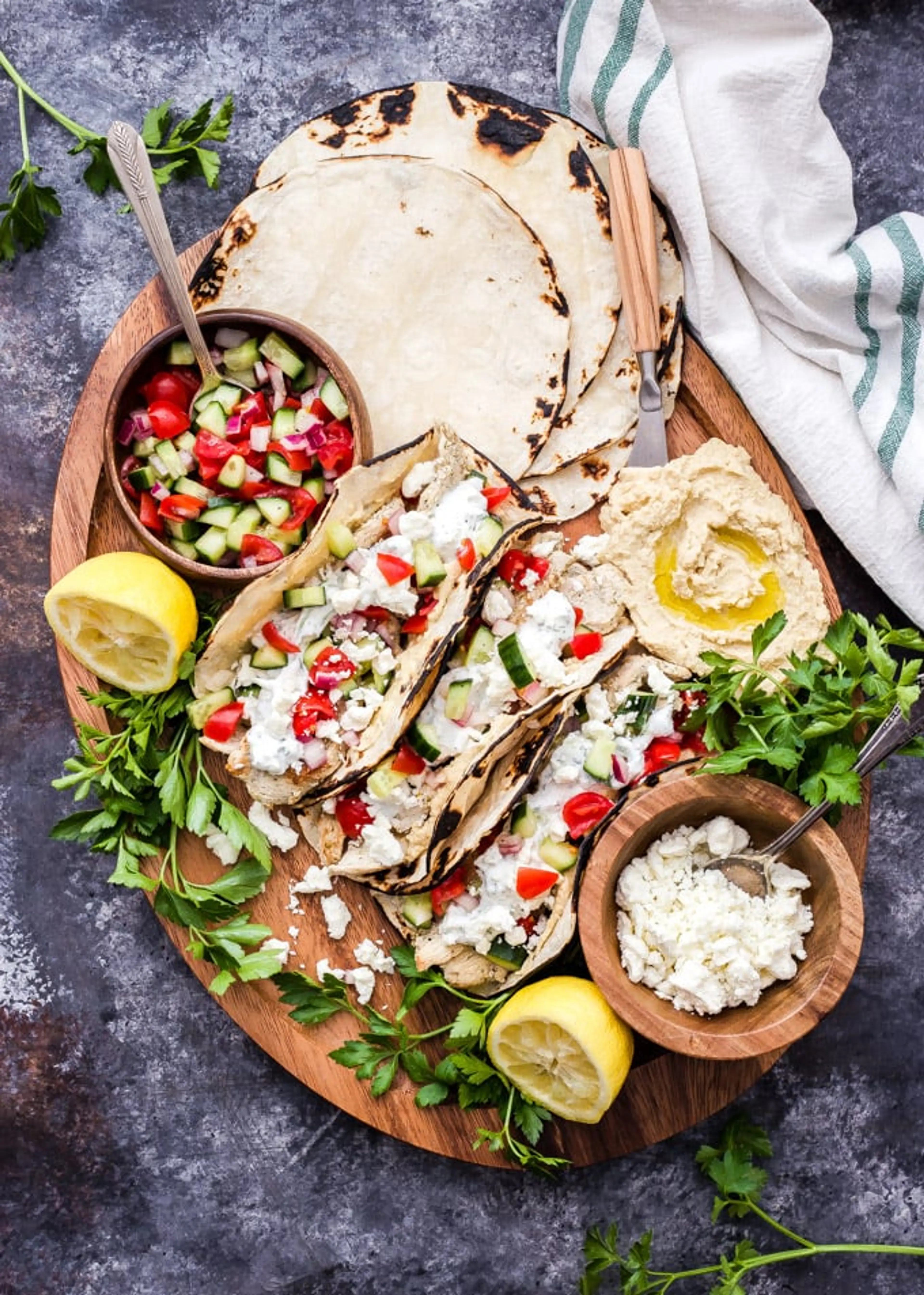 Greek Chicken Tacos with Tzatziki and Hummus
