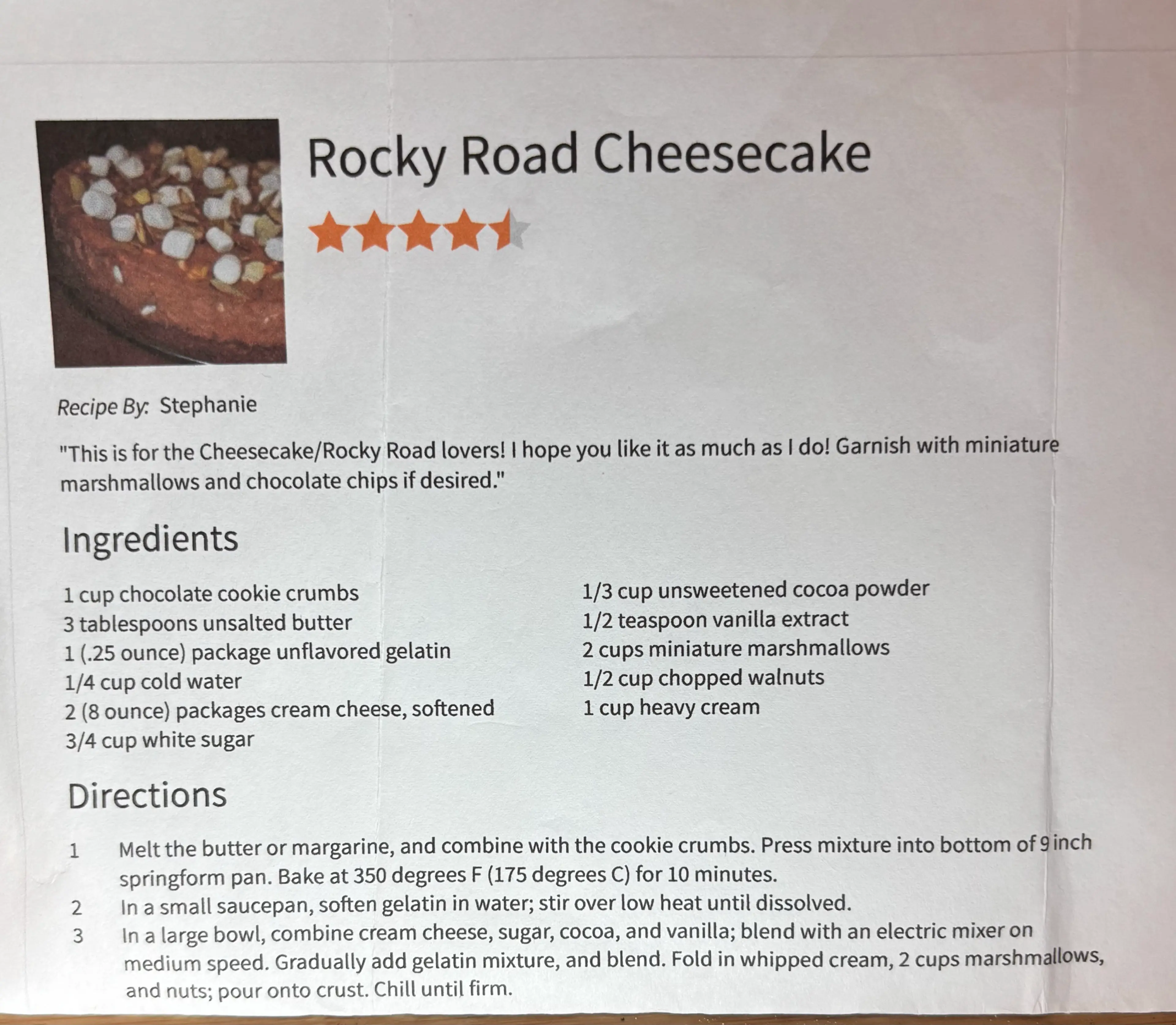 Rocky Road Cheesecake (from Allrecipes)