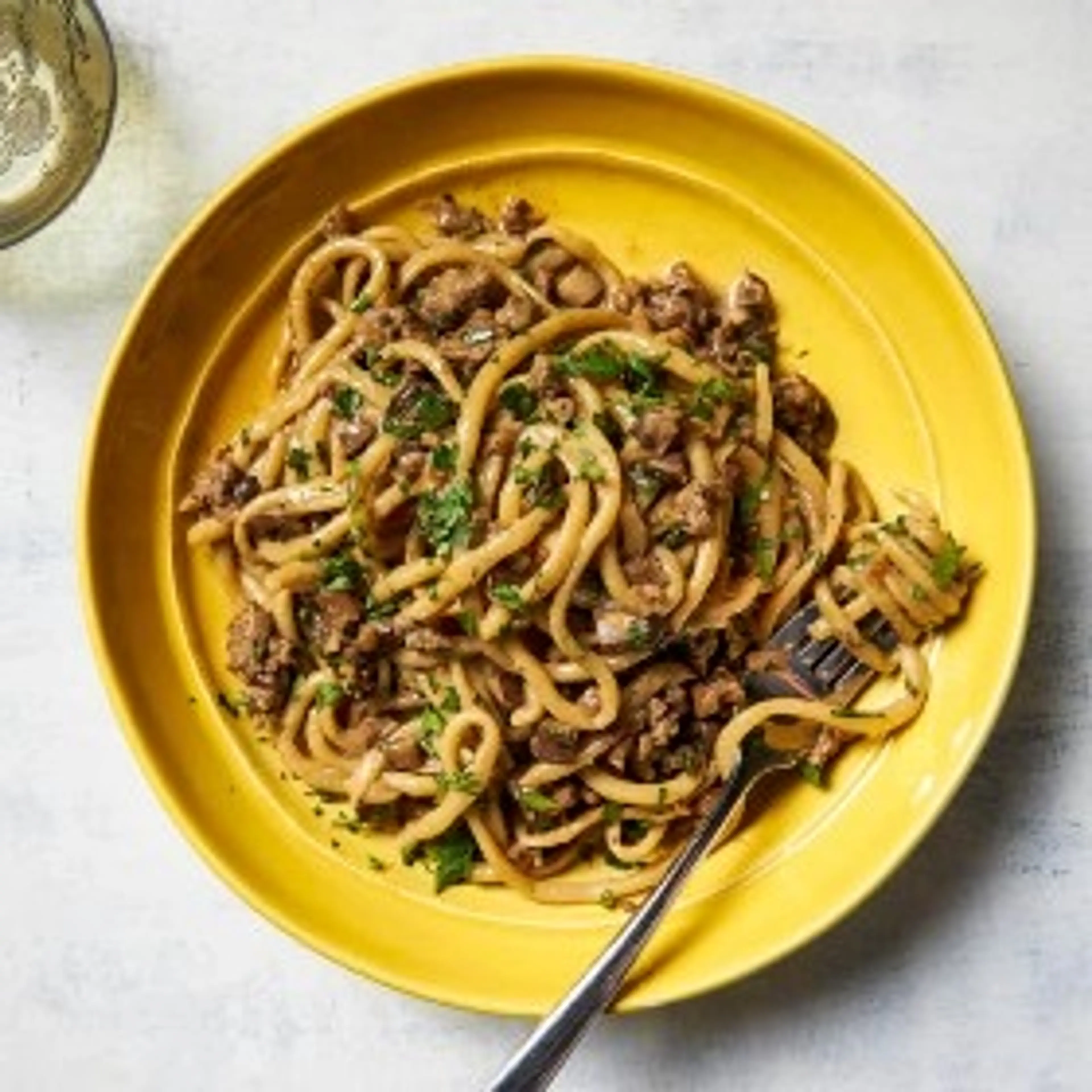 Pici Alla Boscaiola (Handmade Pasta with Mushrooms and Sausa