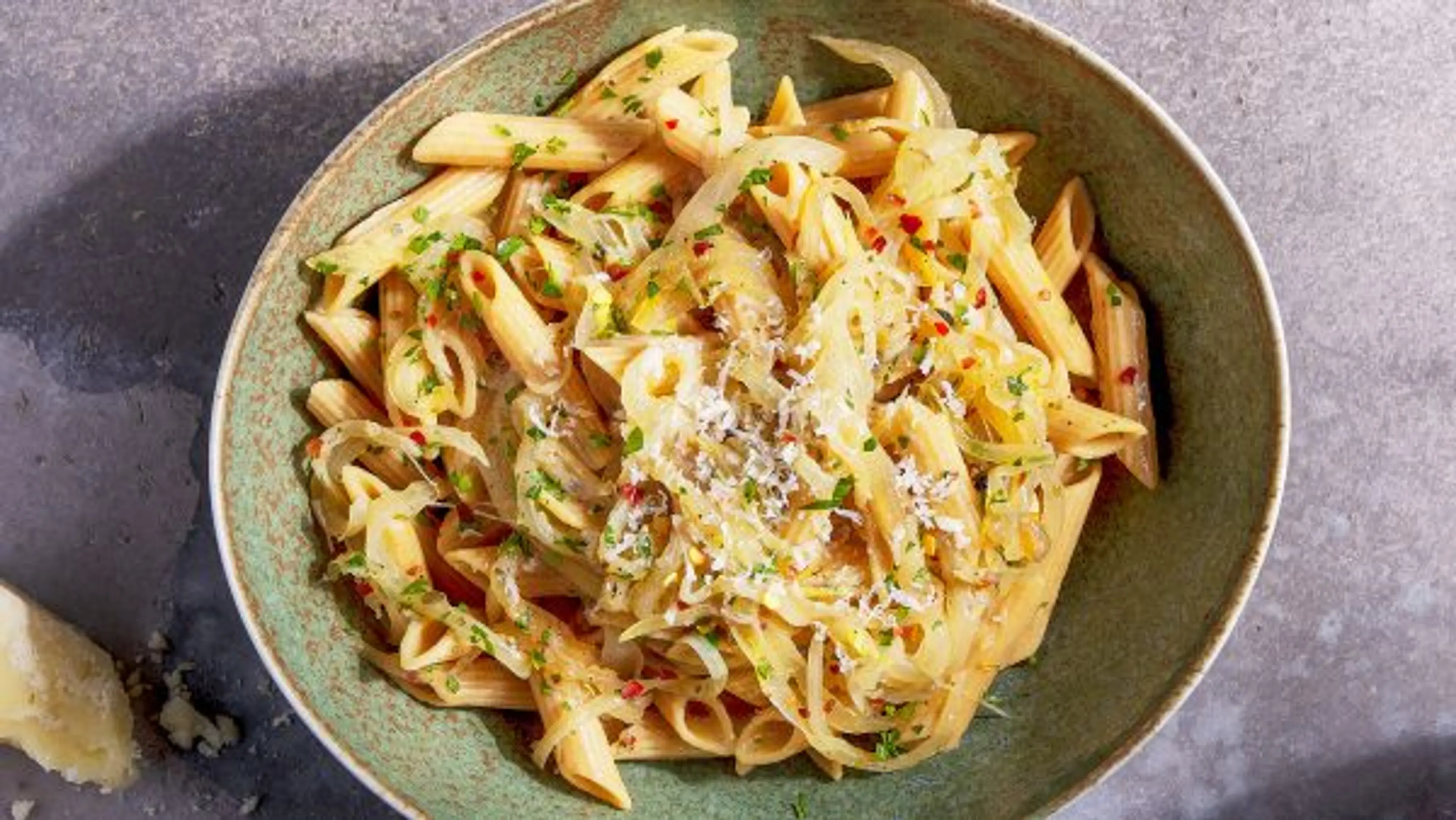 Whole-Wheat Pasta with Pecorino and White Wine-Onion Sauce