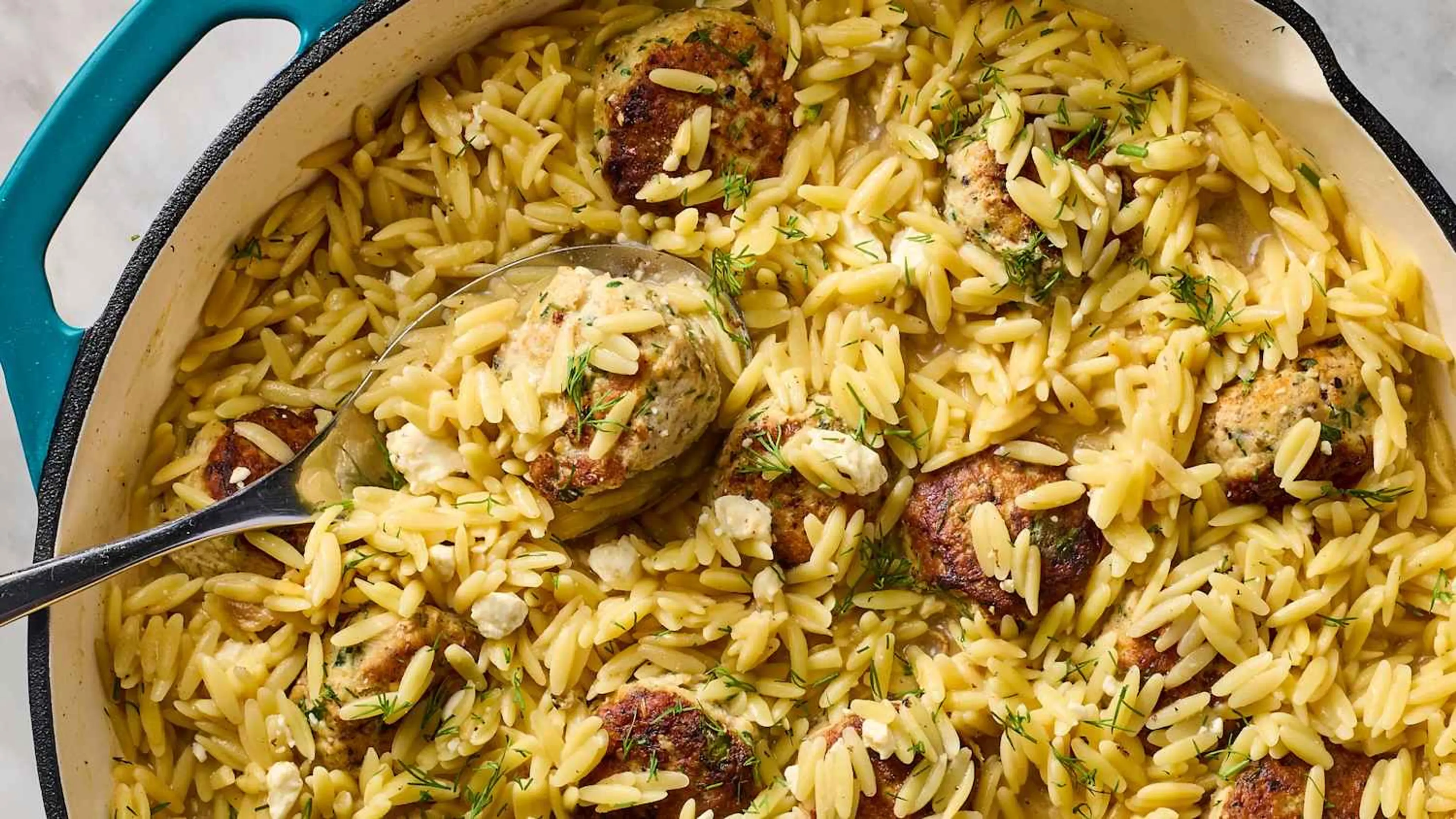 Greek Chicken Meatballs and Lemon Orzo