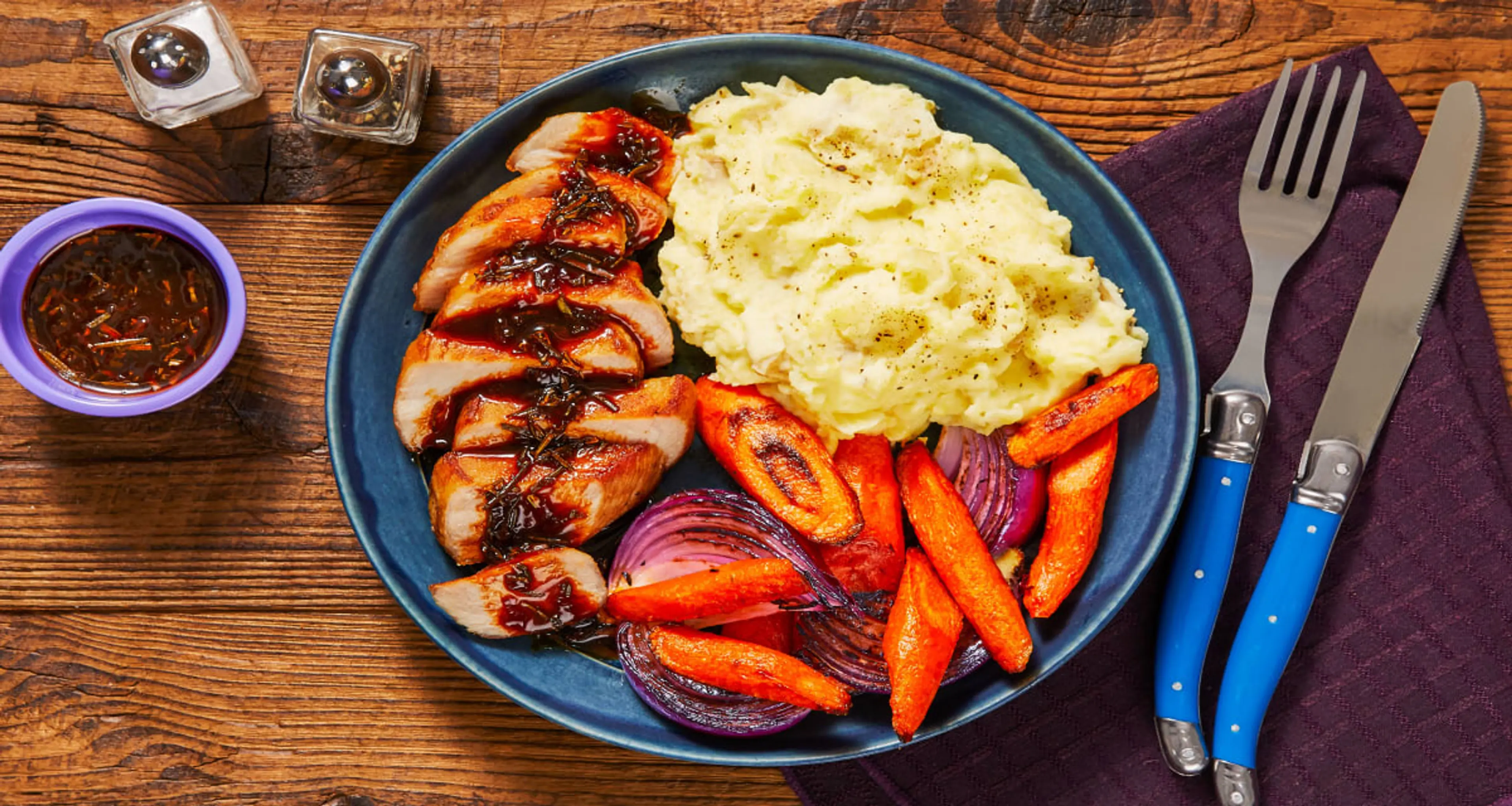 Rosemary Demi-Glace Pork Chops with Mashed Potatoes & Roaste
