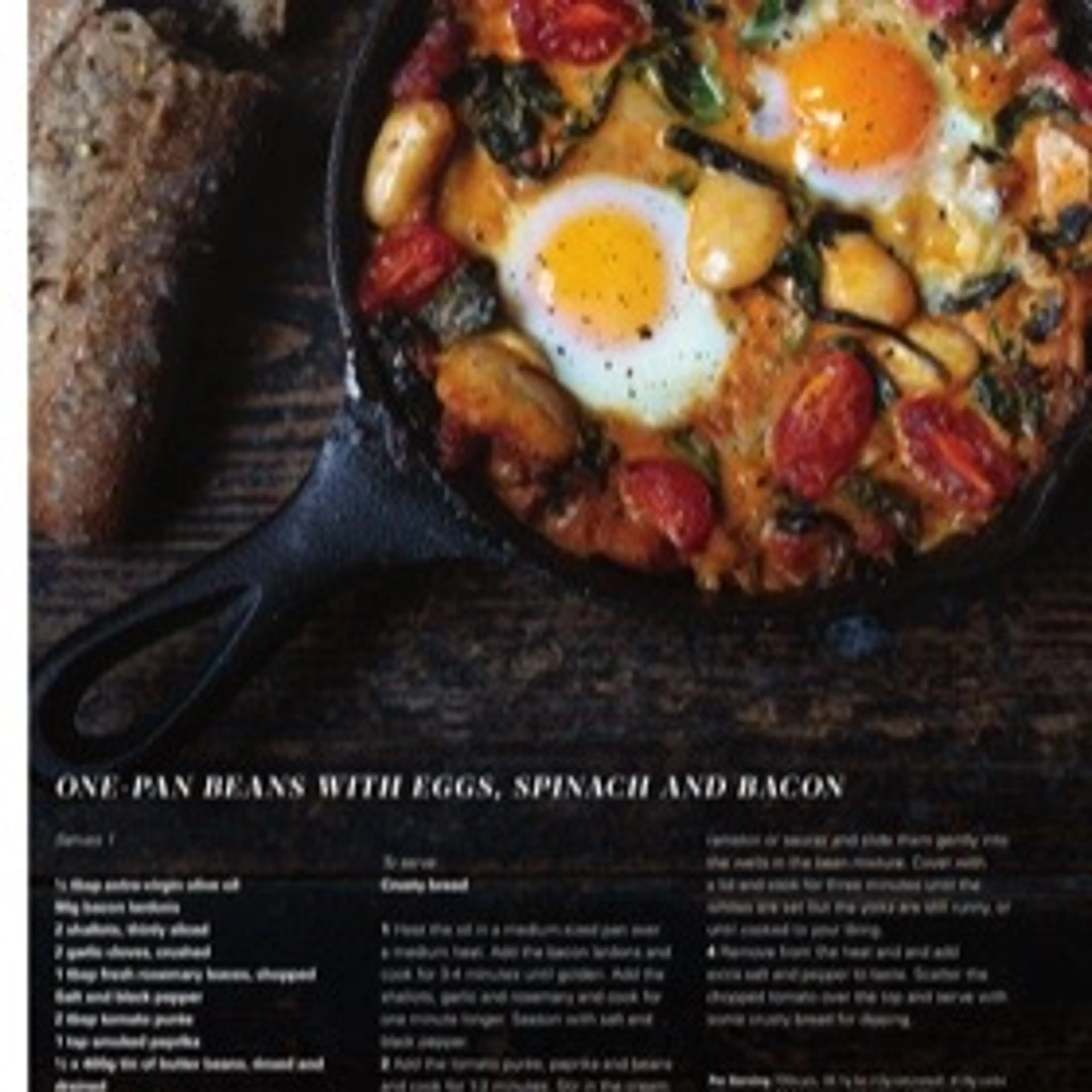 ONE-PAN BEANS WITH EGGS, SPINACH AND BACON