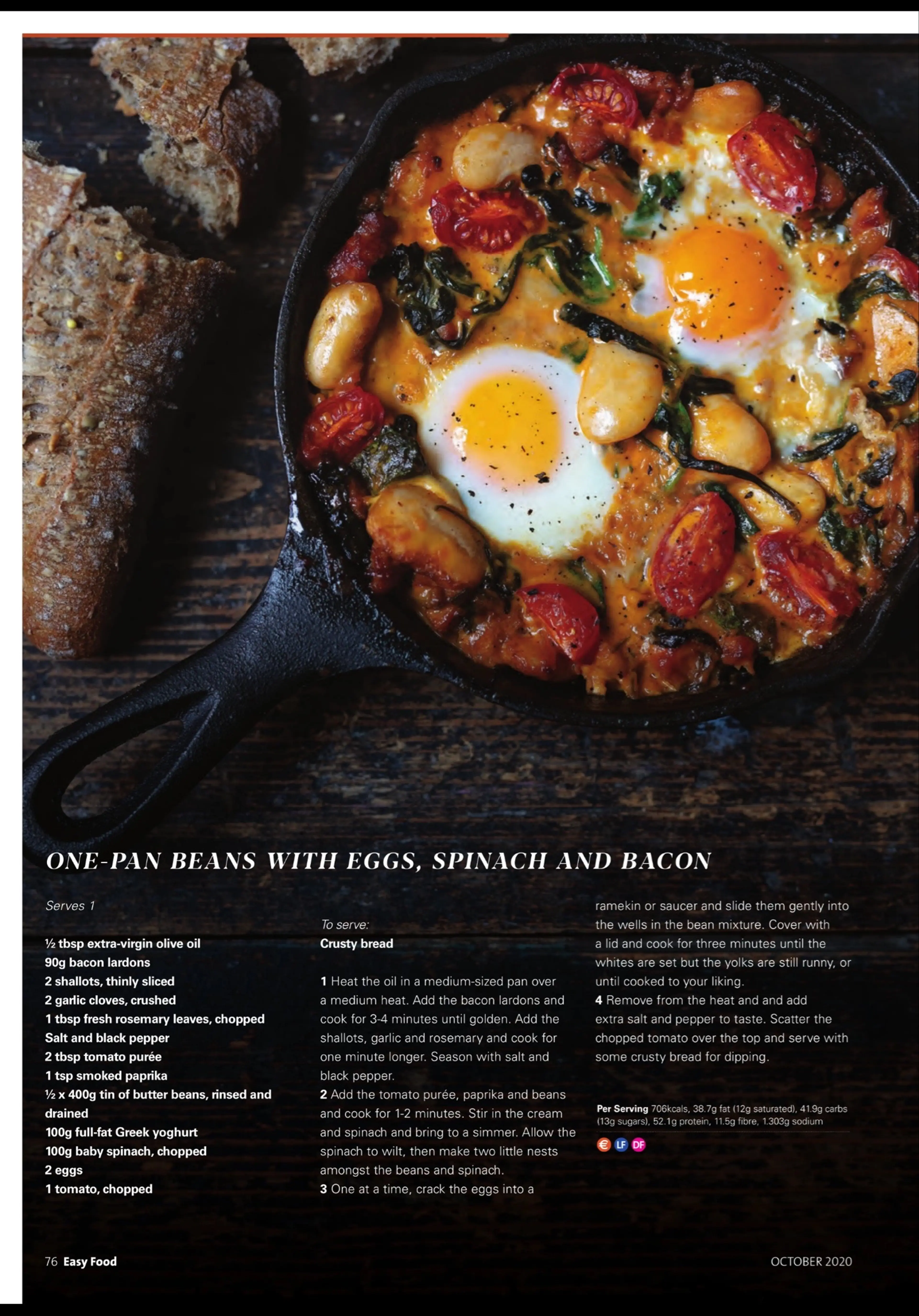 ONE-PAN BEANS WITH EGGS, SPINACH AND BACON
