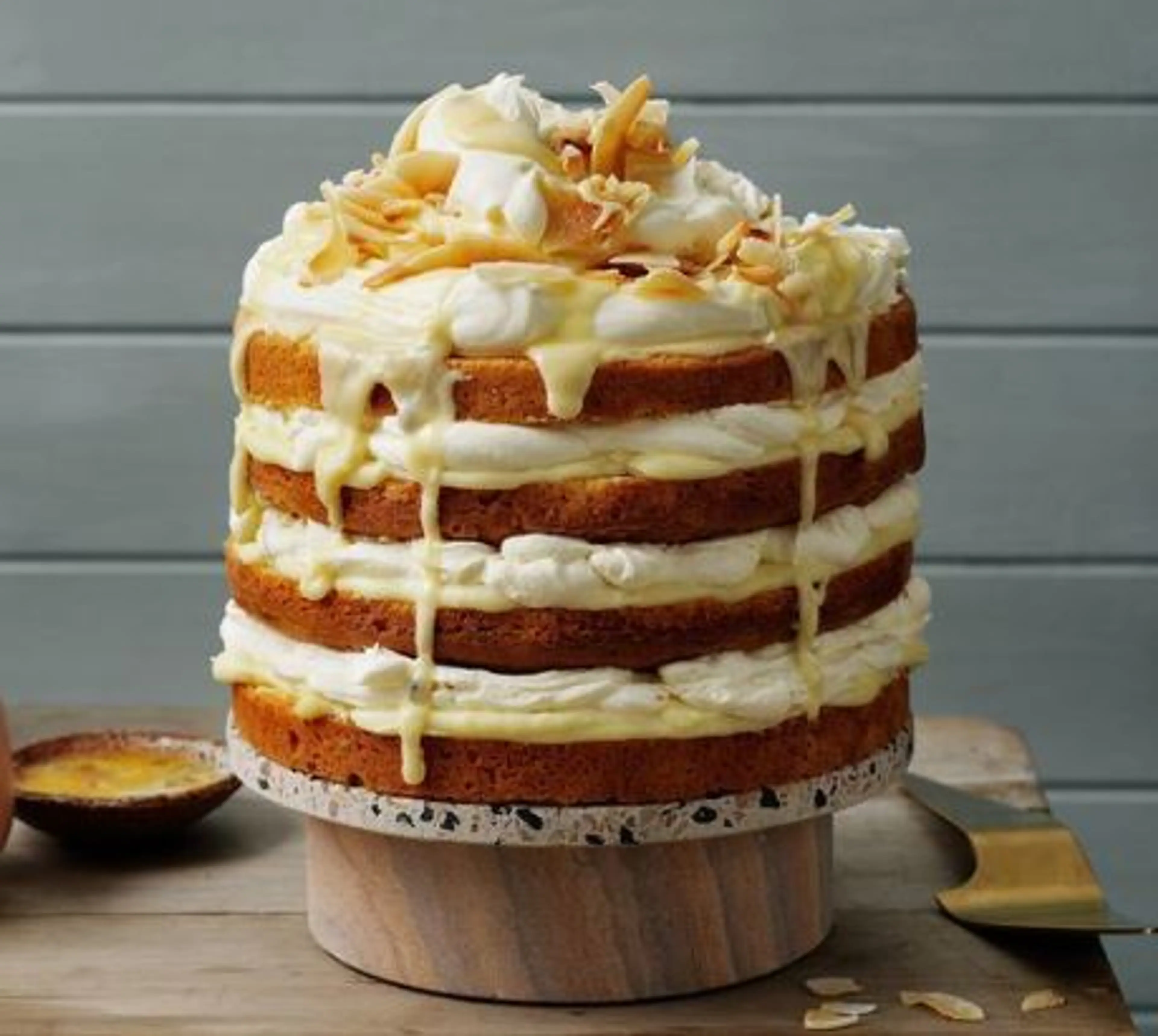Passionfruit layer cake with lemon drizzle and coconut recip