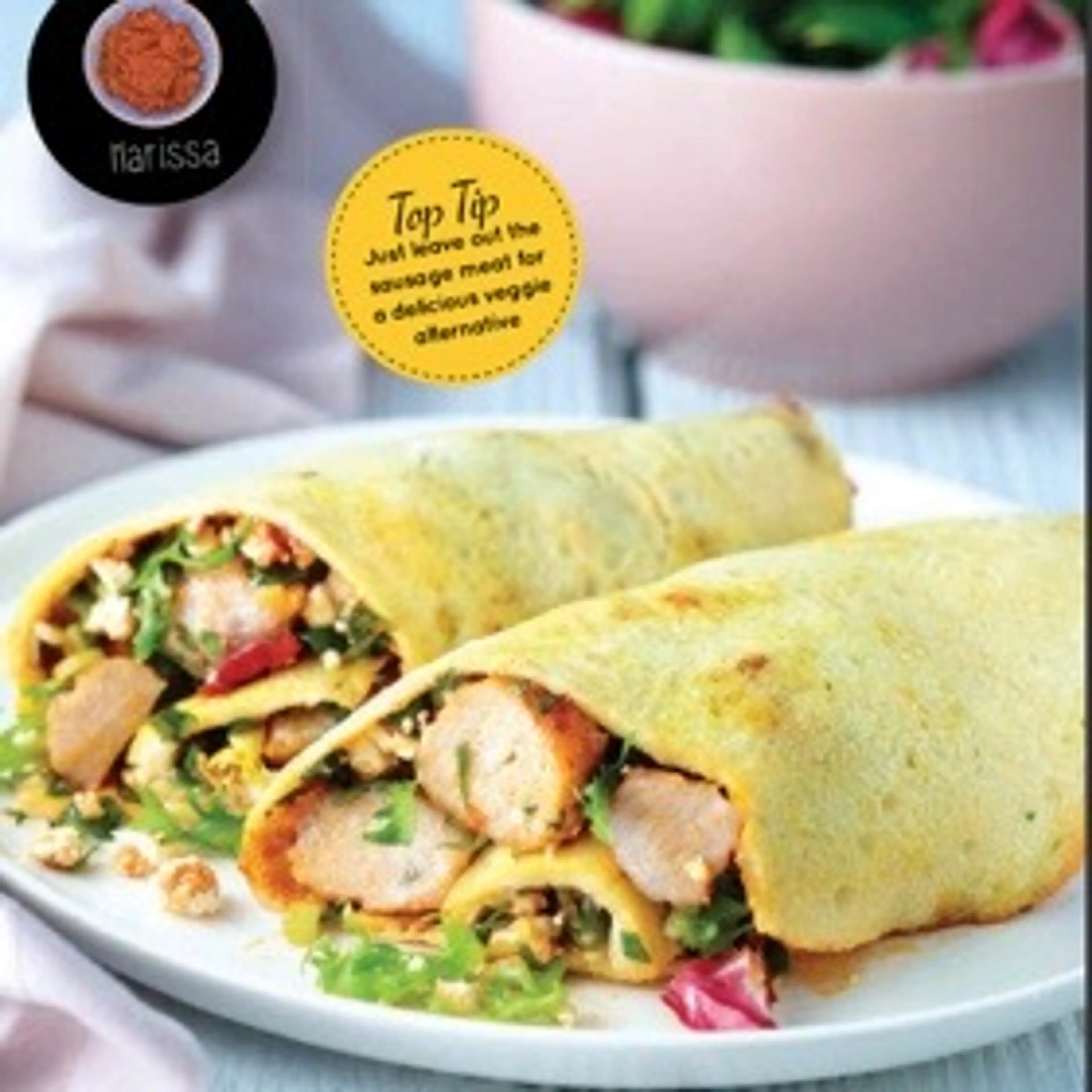 Feta, sausage and harissa omelette wrap