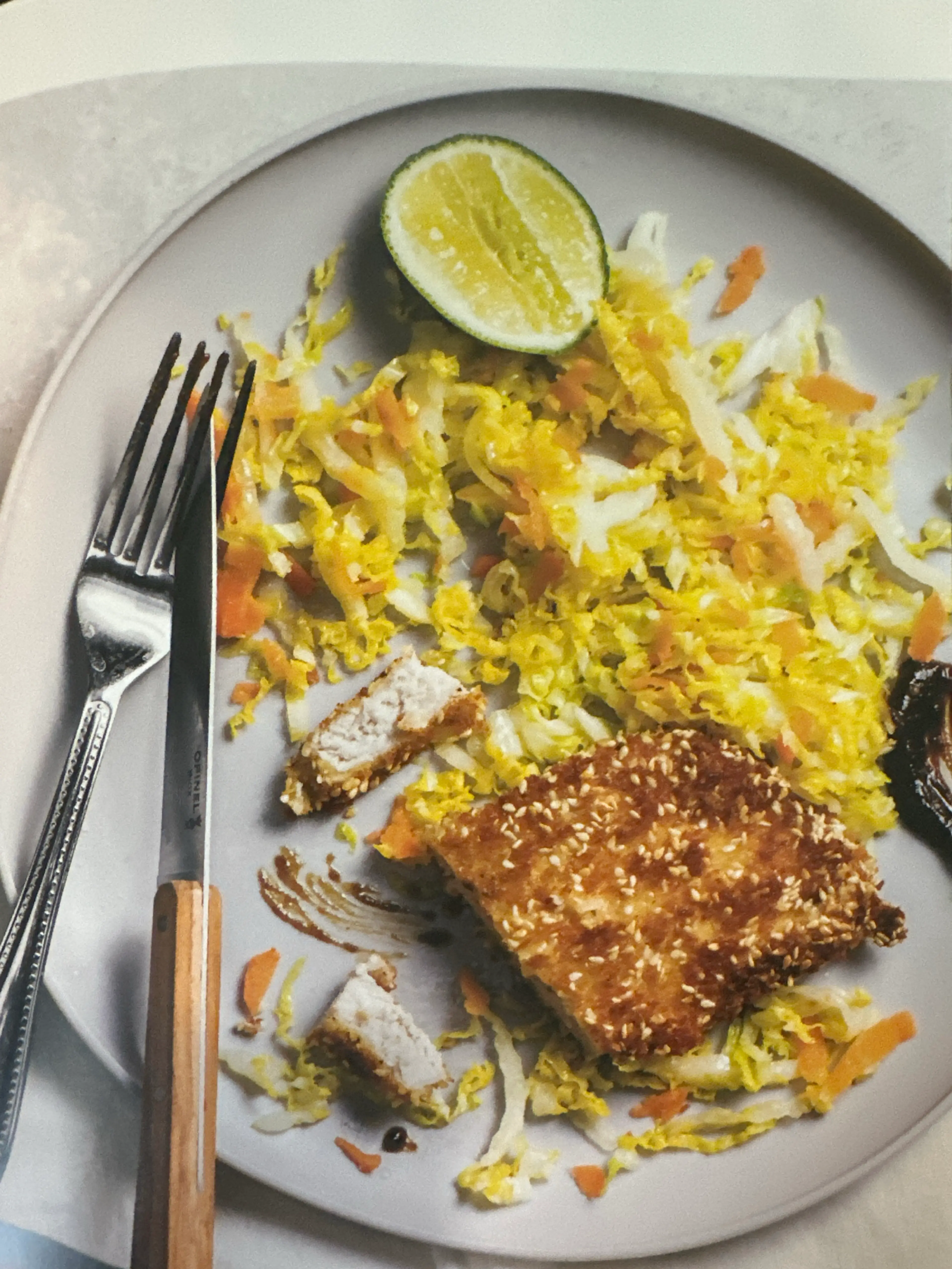 crispy sesame pork chops with wilted napa cabbage salad