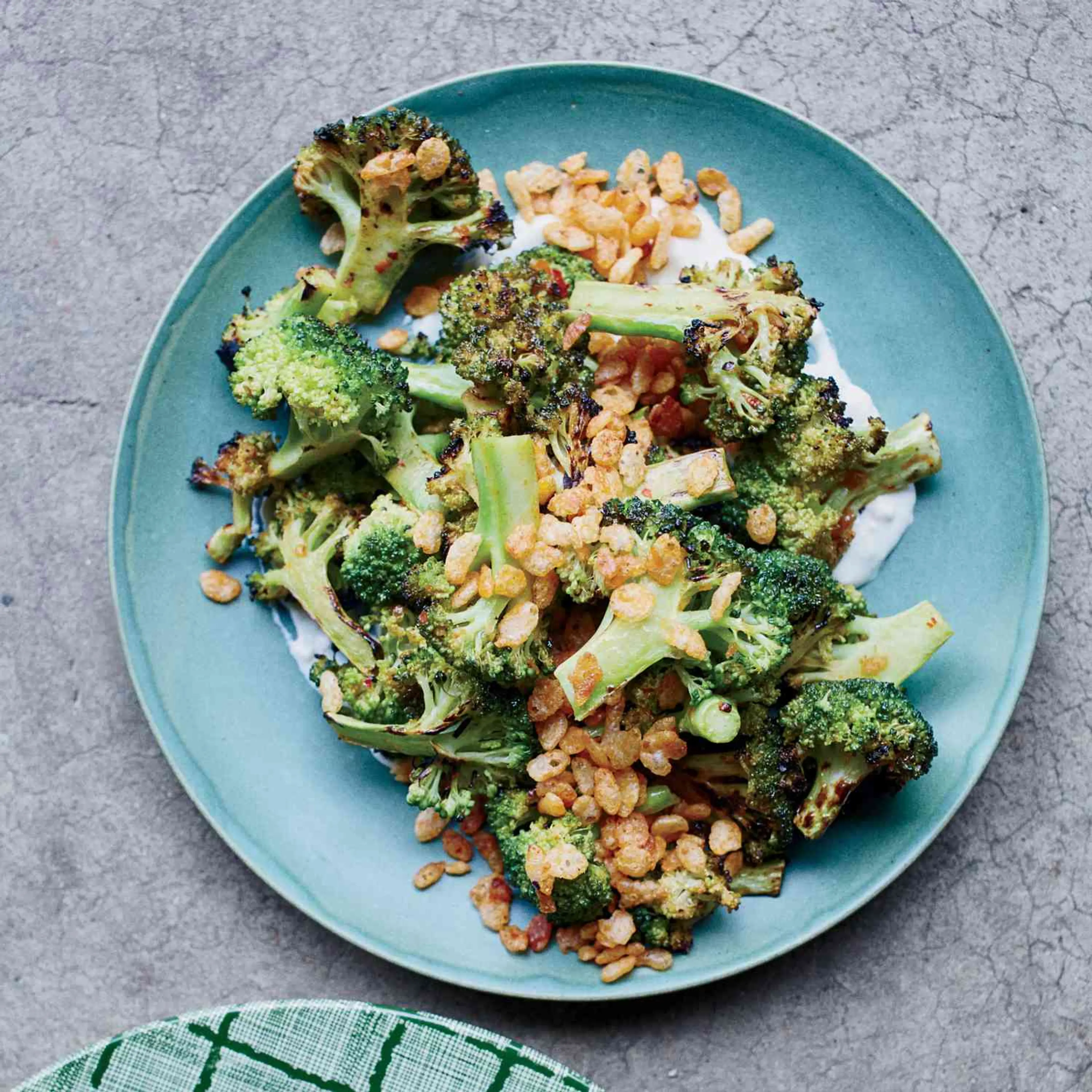 Charred Broccoli with Blue Cheese Dressing and Spiced Crispi