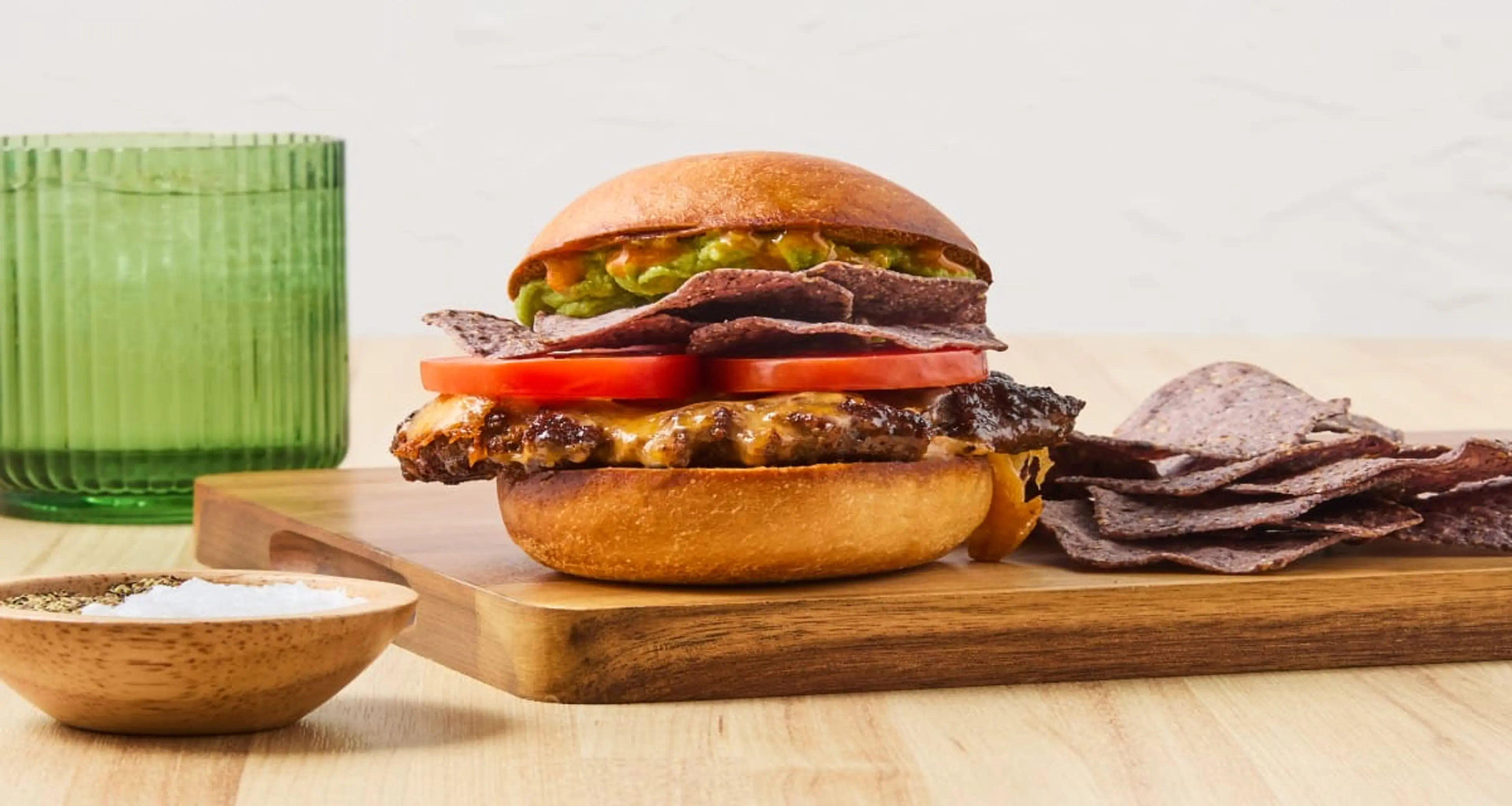 Smashed-in-a-Flash Taco Burgers with Guacamole & Tortilla Ch