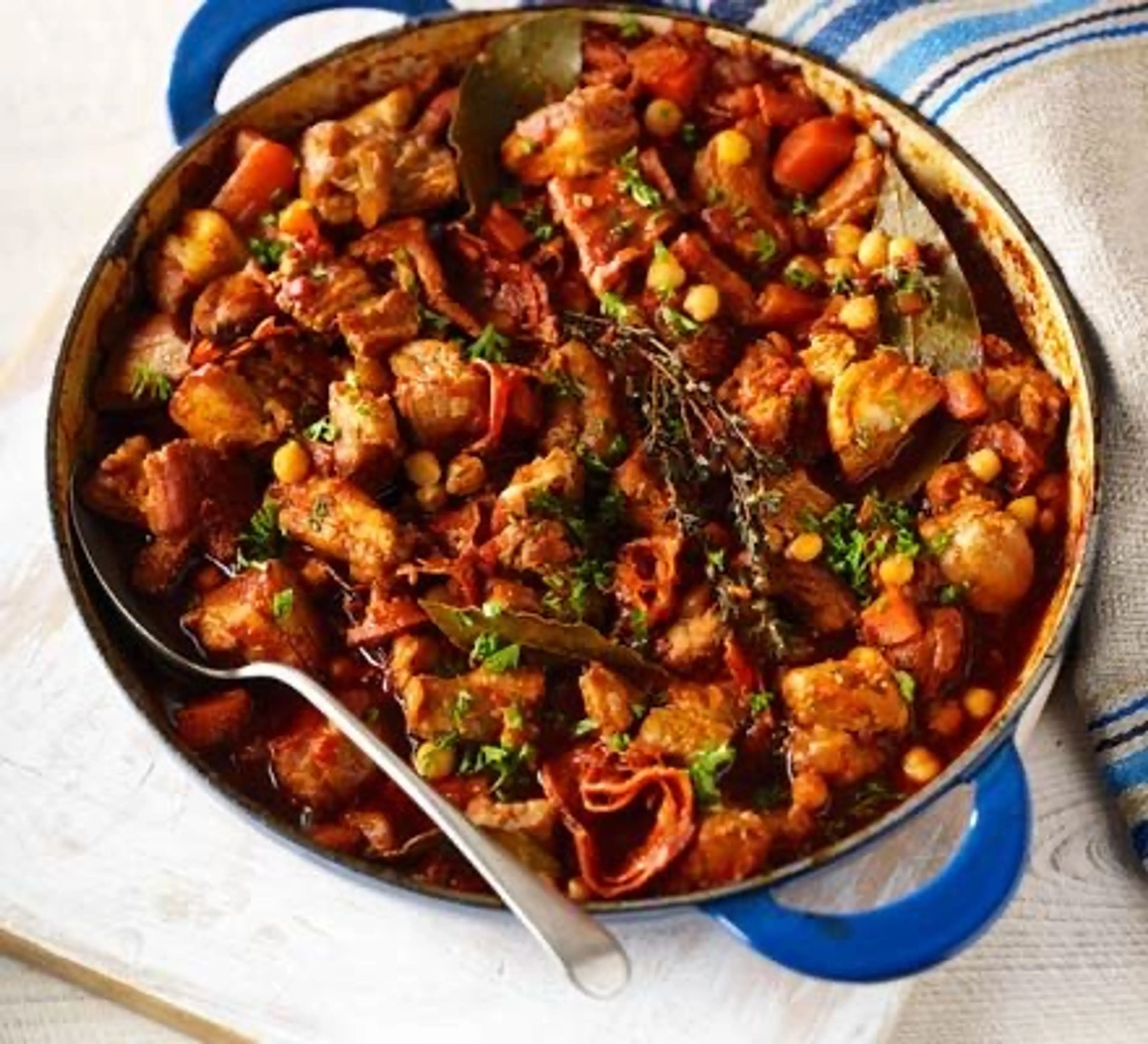 Chorizo, pork belly & chickpea casserole