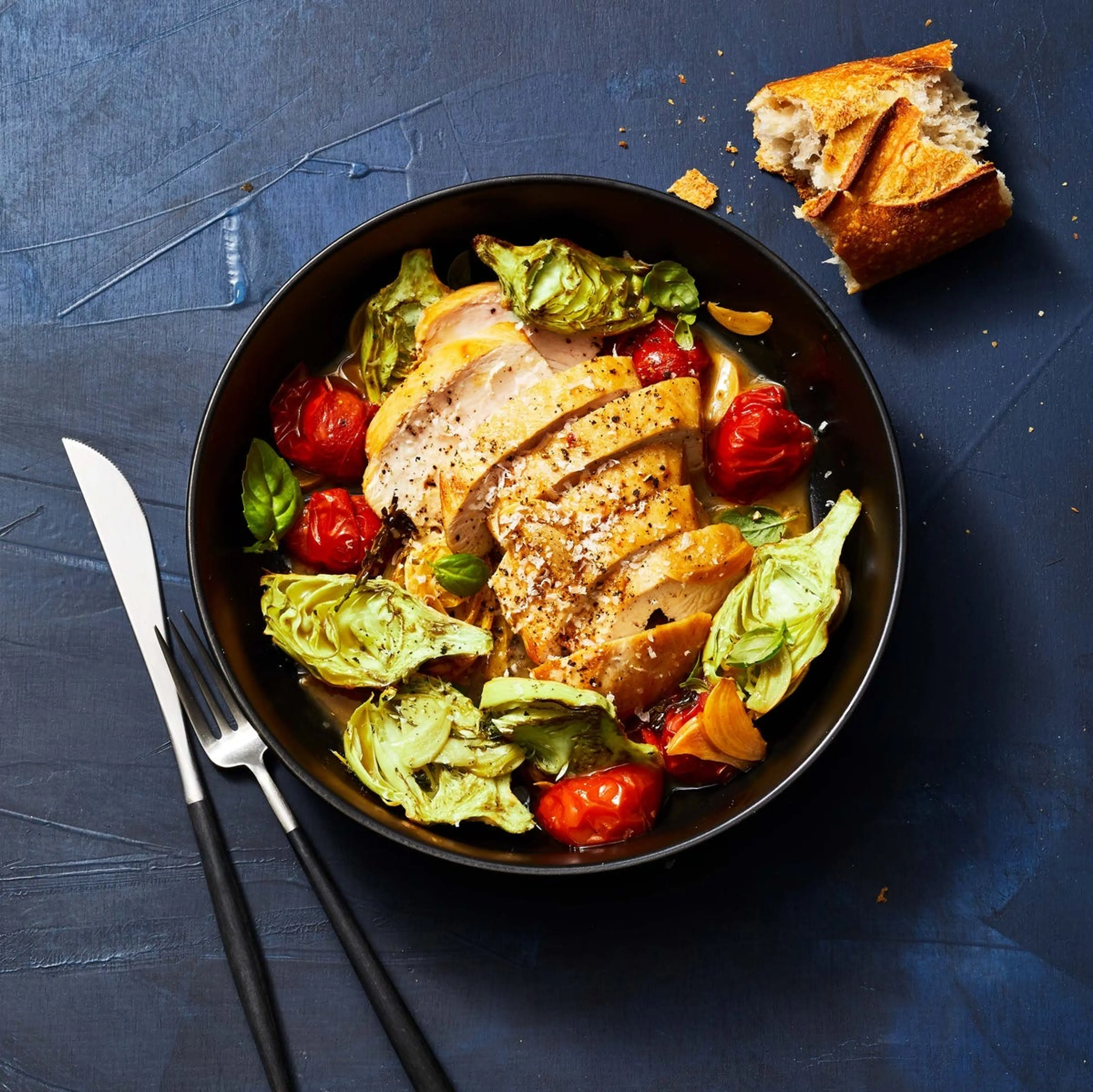 Sautéed Chicken and Tomatoes With Roasted Artichokes