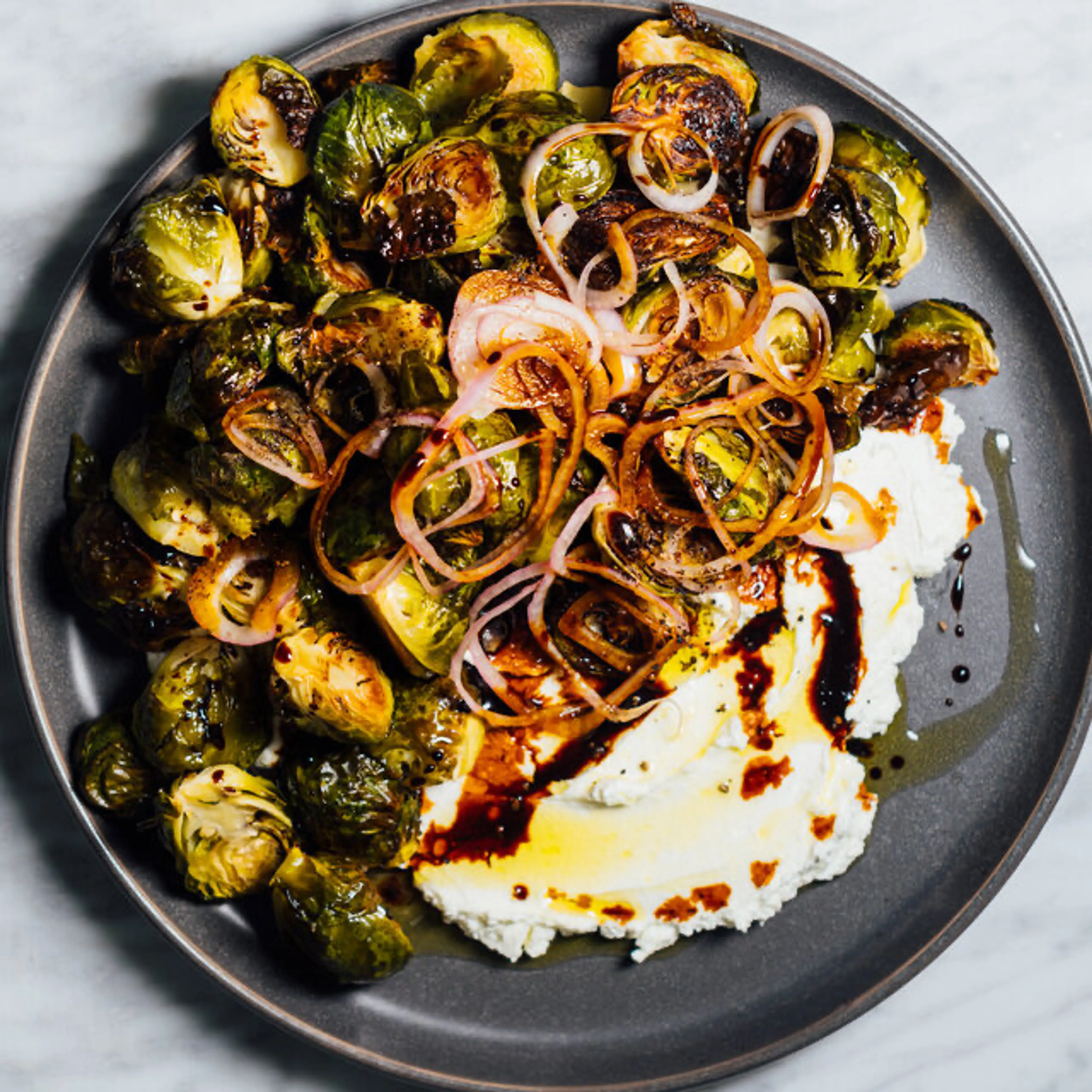 Brussels Sprouts With Pickled Shallots and Labneh
