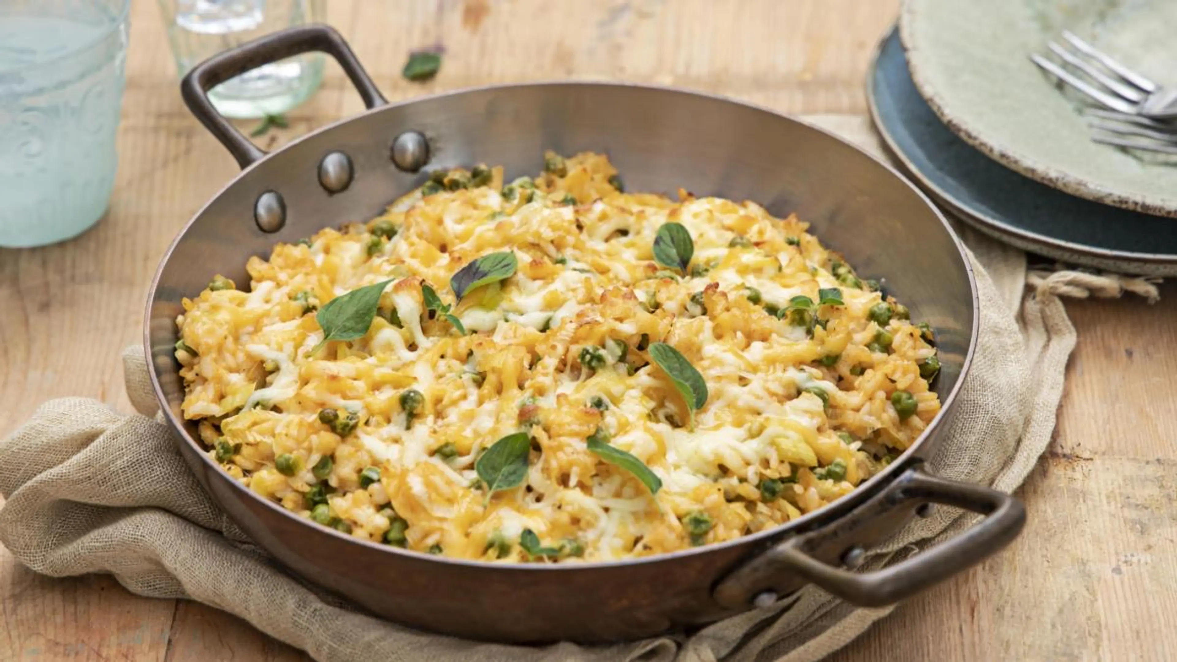 BAKED LEEK, PEA AND CHEDDAR RISOTTO