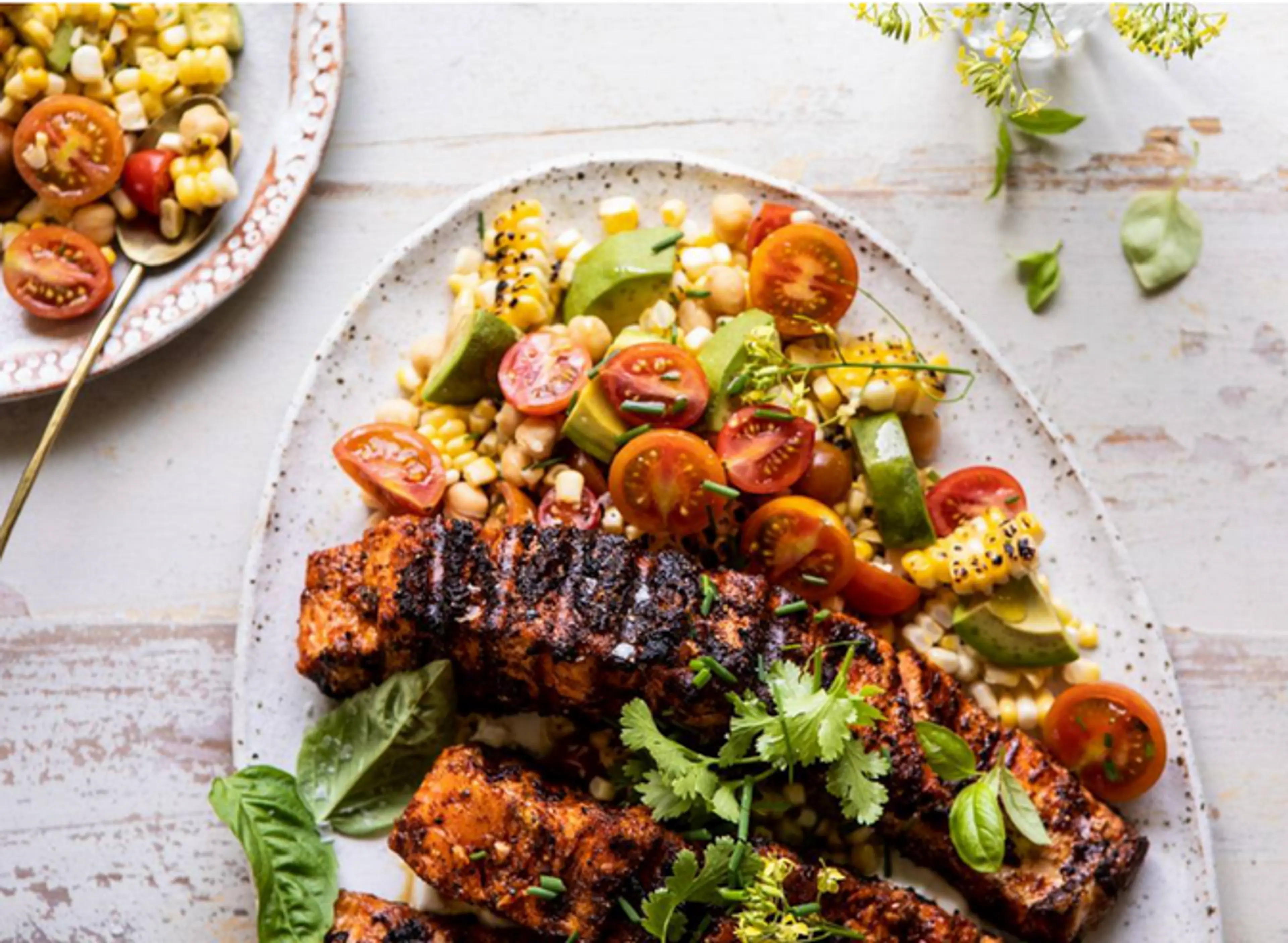 Lemon Parmesan Salmon with Corn, Tomato, and Avocado Salad