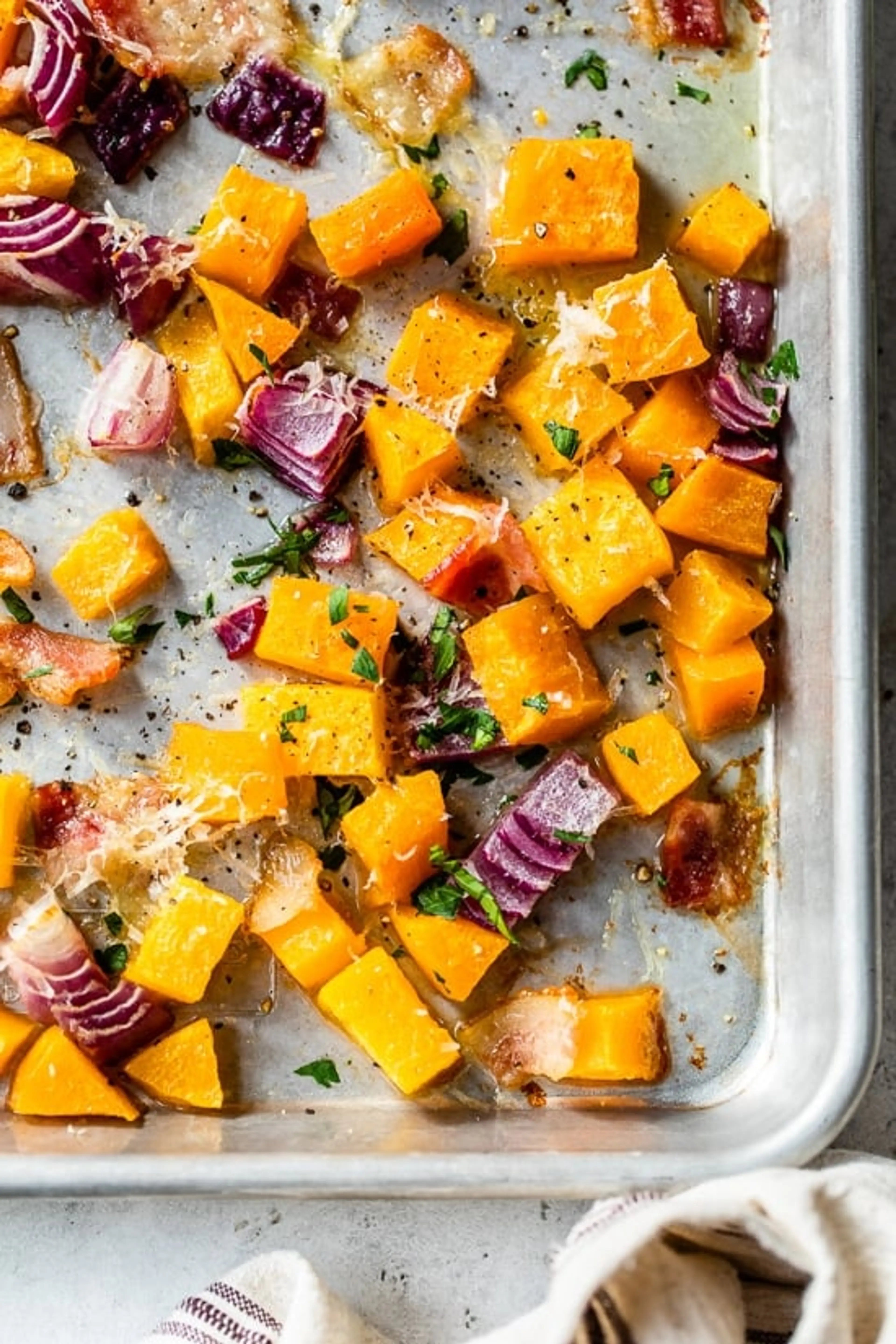 Roasted Butternut Squash with Onions, Bacon, and Parmesan